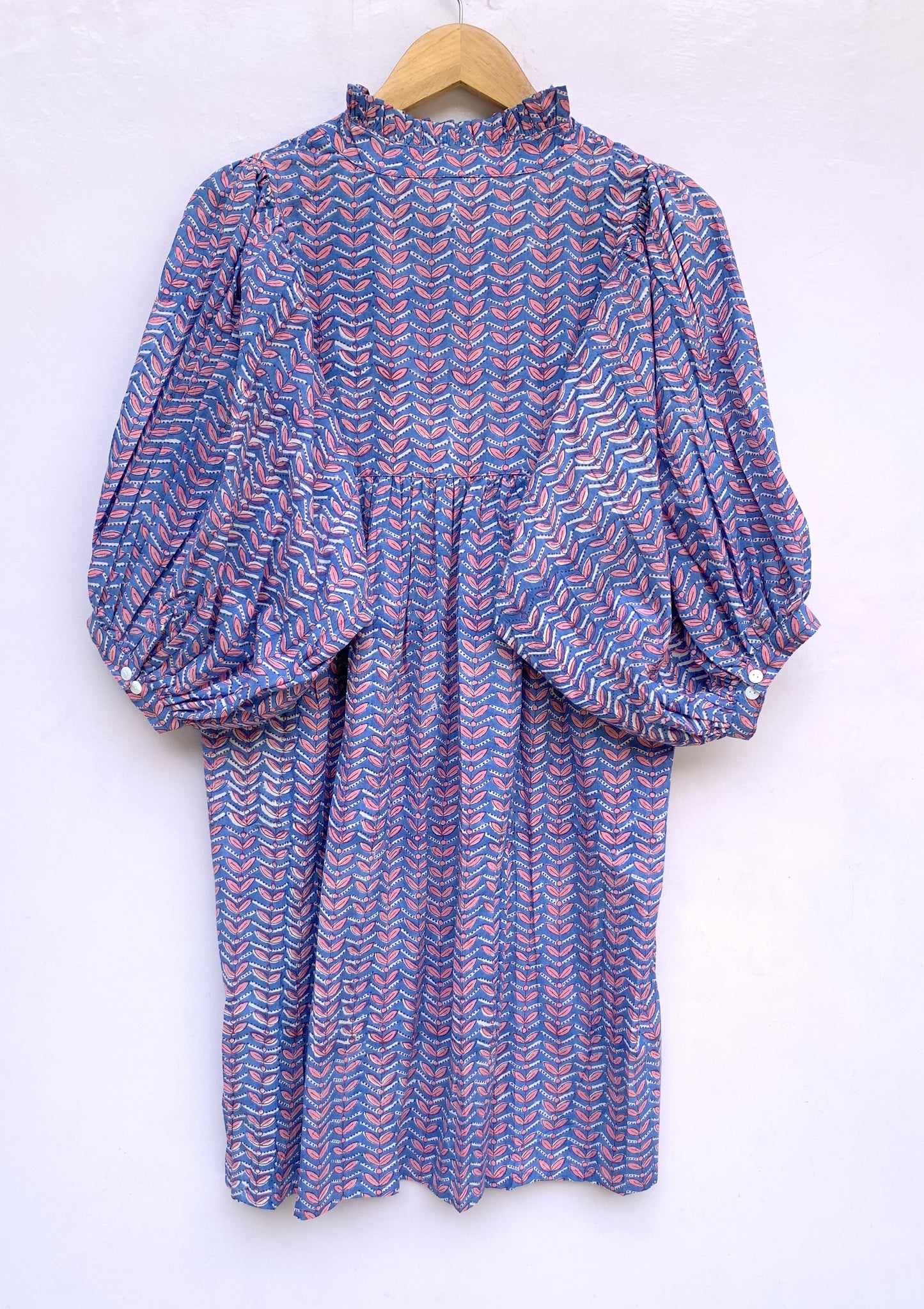 blue cotton womens mini dress with pink detailing