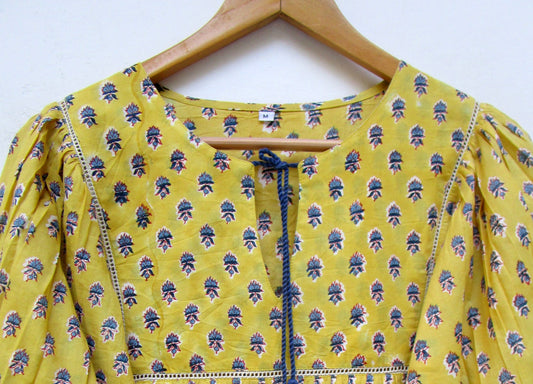 bohemian yellow blue floral hand block printed women's tops and blouse