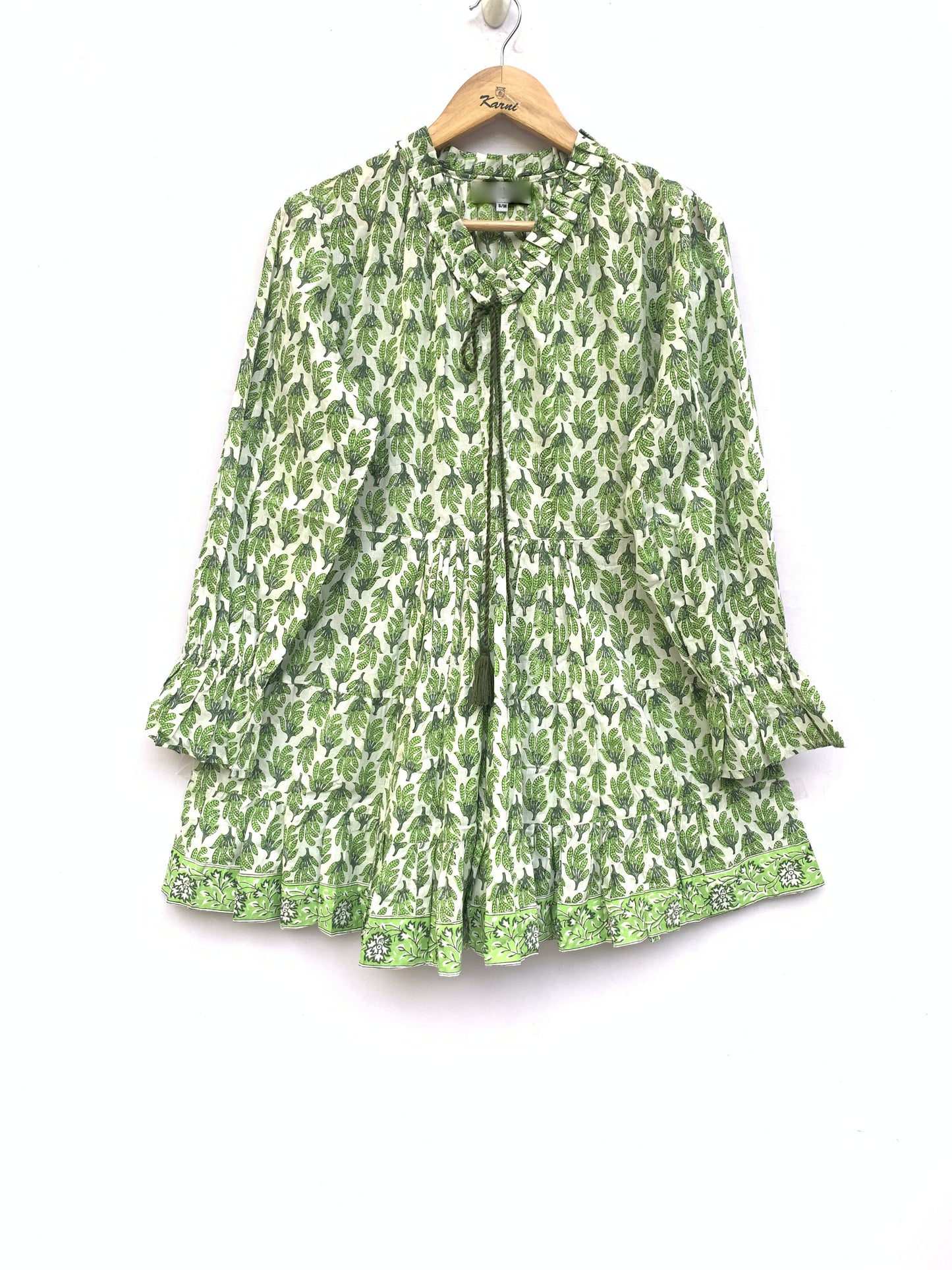 cotton summer green and white womens mini dress with tassels
