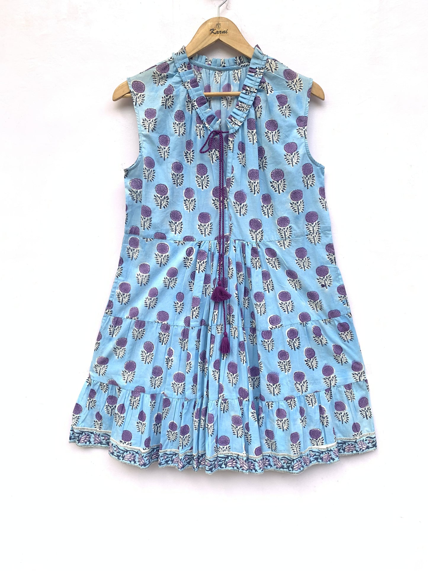 blue womens cotton mini dress with purple marigold flowers