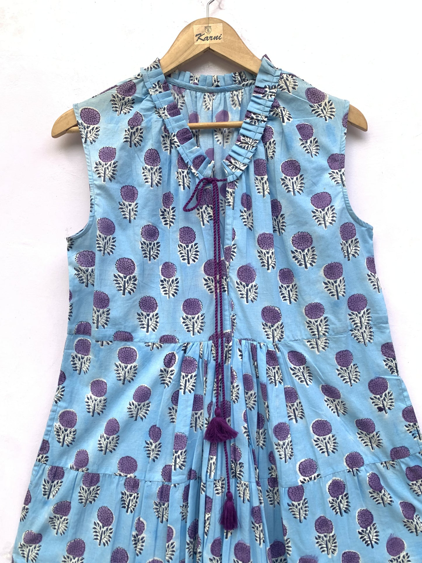 blue womens cotton mini dress with purple marigold flowers