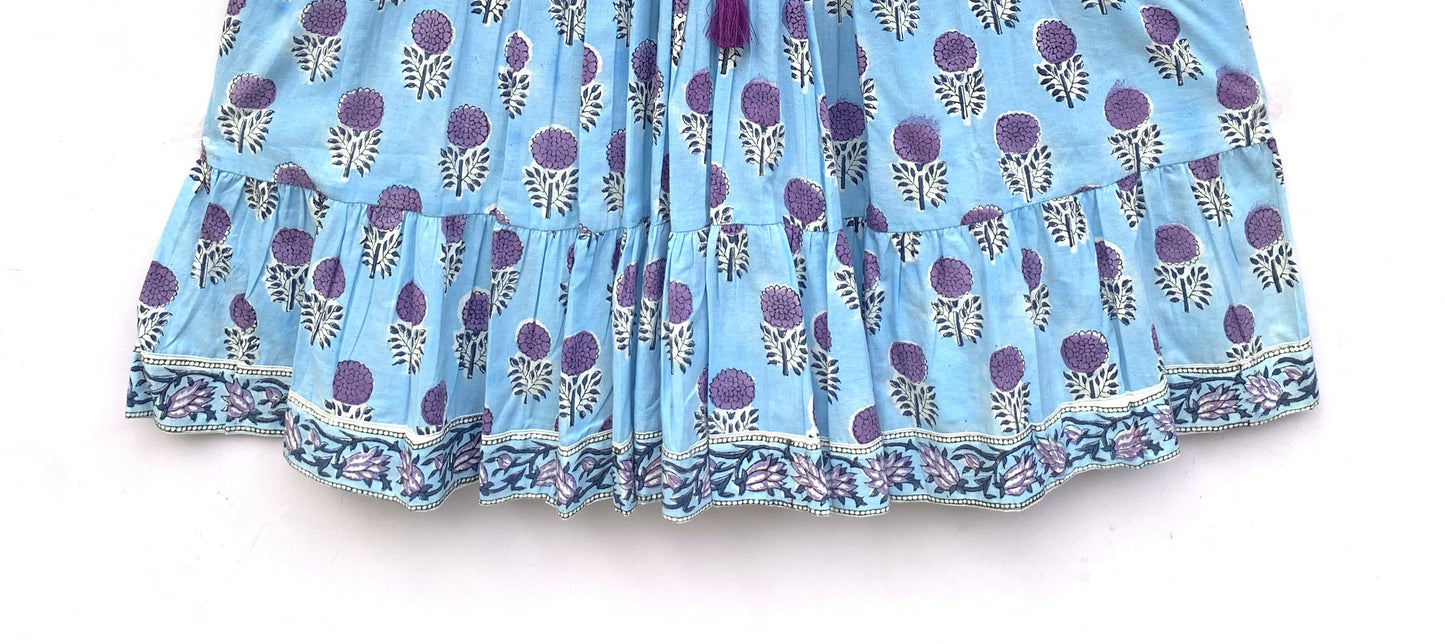 blue womens cotton mini dress with purple marigold flowers