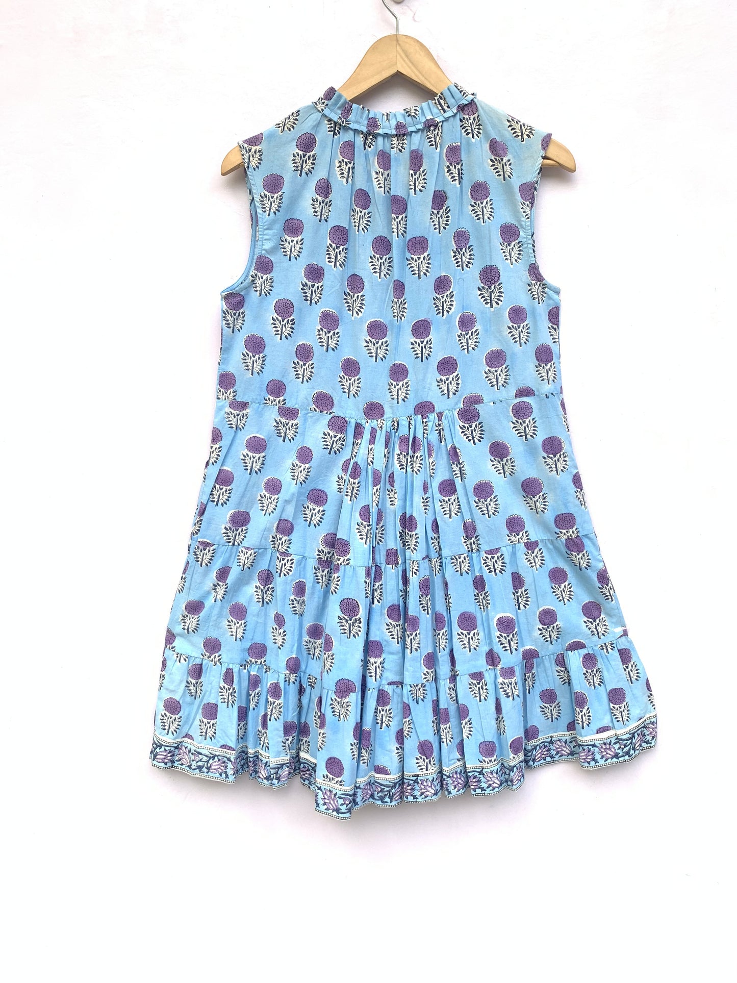 blue womens cotton mini dress with purple marigold flowers