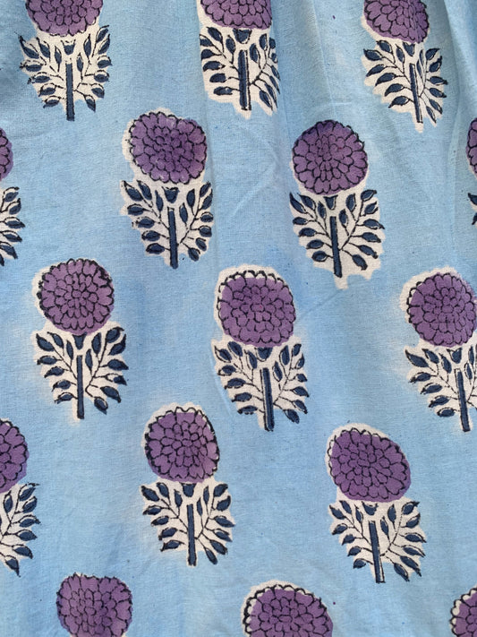 blue womens cotton mini dress with purple marigold flowers