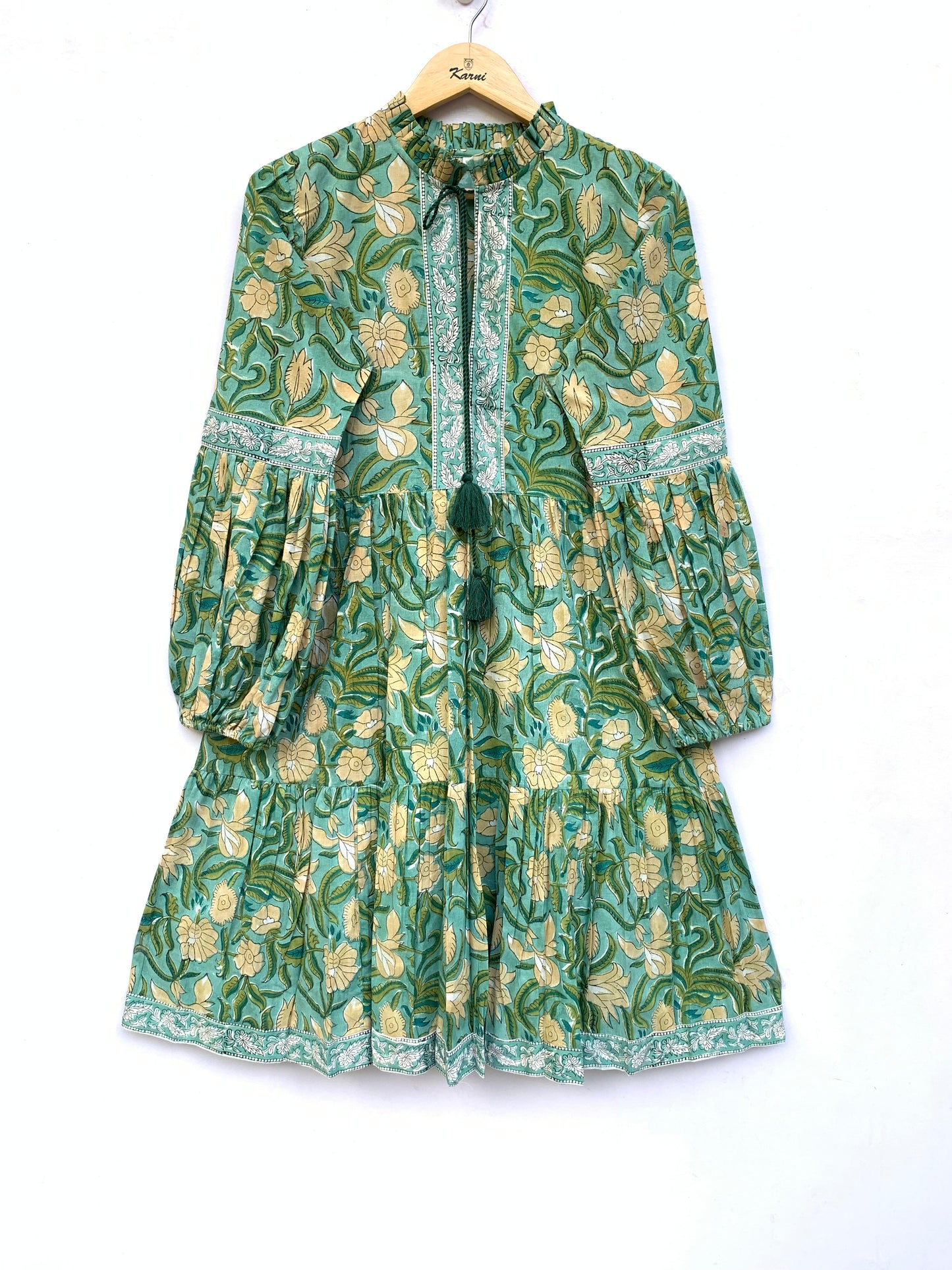 womens long sleeves green mini dress with yellow flowers