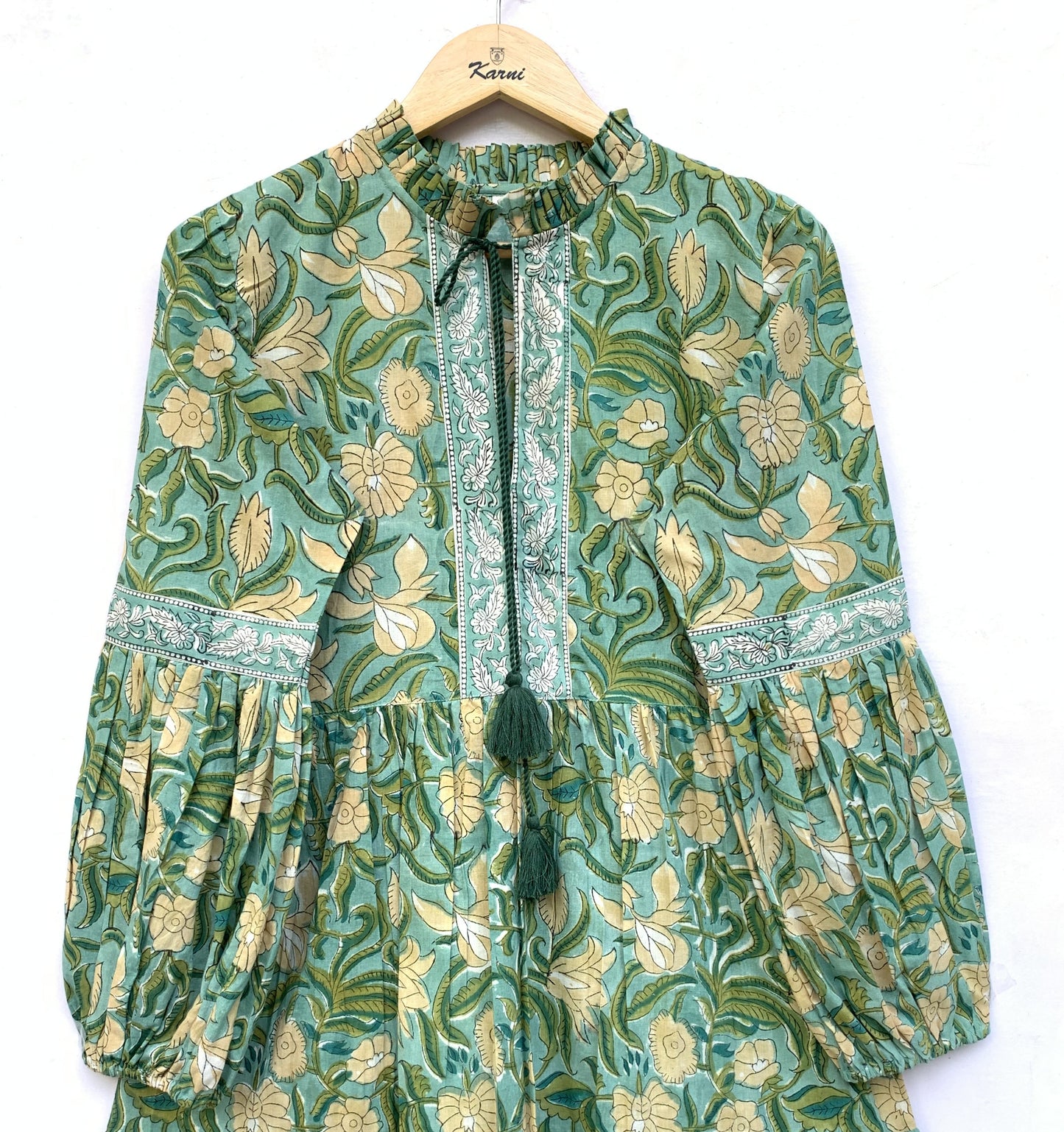 womens long sleeves green mini dress with yellow flowers