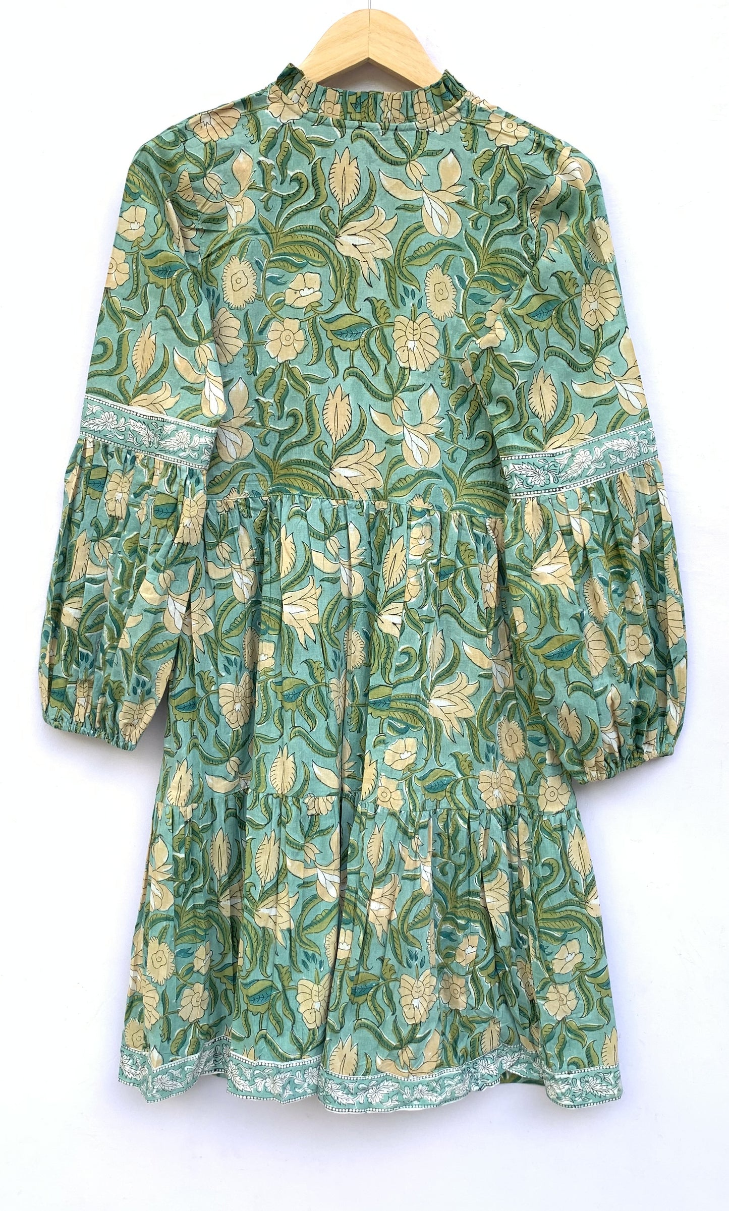 womens long sleeves green mini dress with yellow flowers