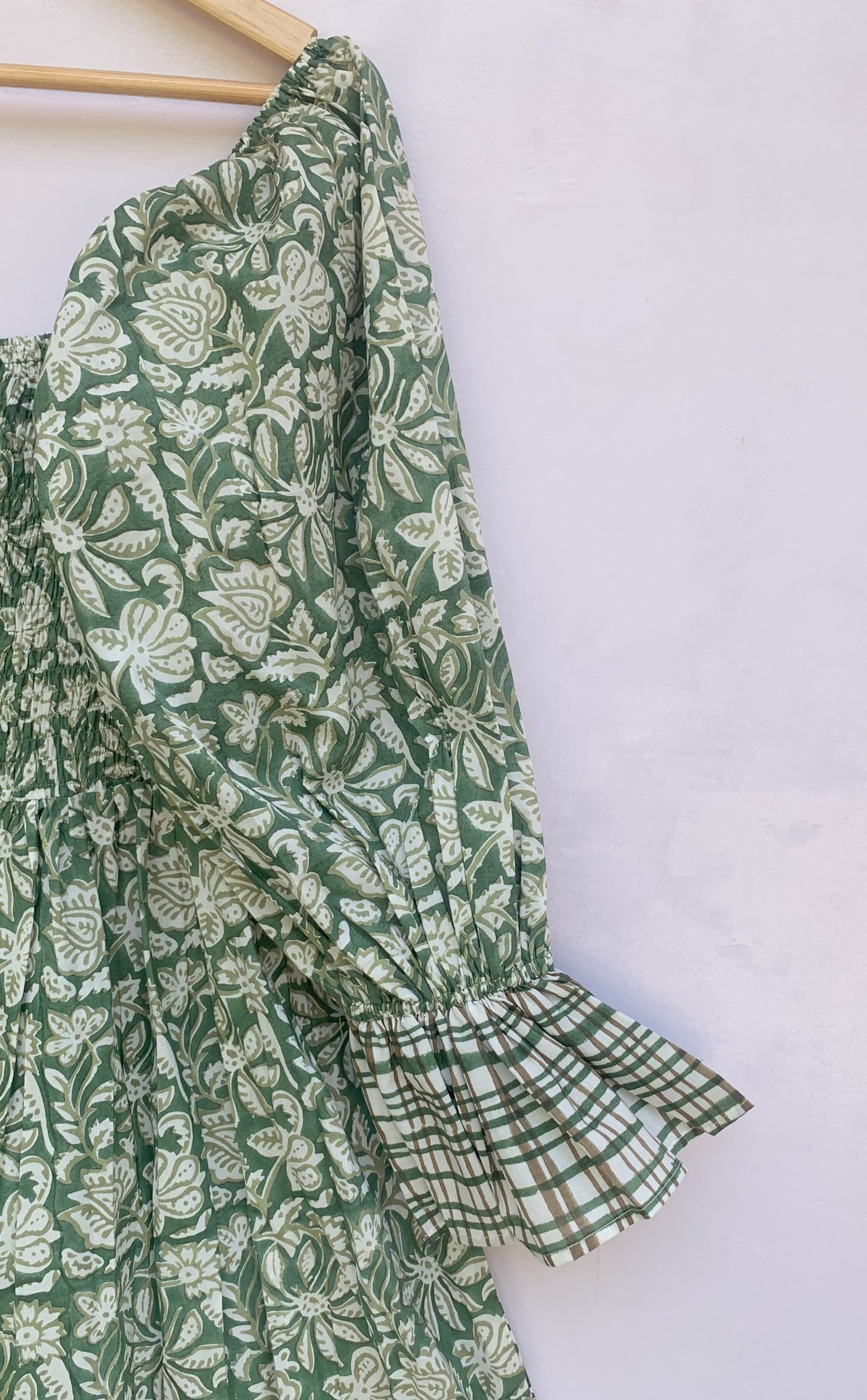 cotton green leaf floral block printed women's maxi dress - square neckline with elastic sleeves
