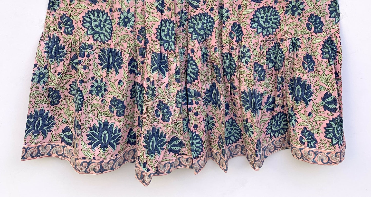 pink-blue floral block printed women's maxi dress - frill collar with belt cotton long dress - 3/4th sleeves boho dress