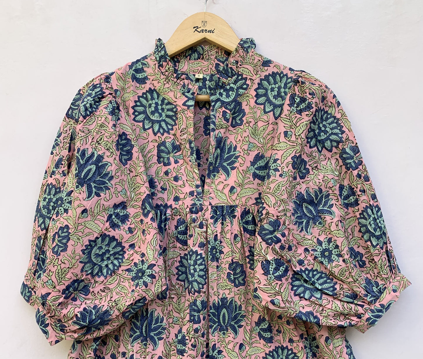 pink-blue floral block printed women's maxi dress - frill collar with belt cotton long dress - 3/4th sleeves boho dress