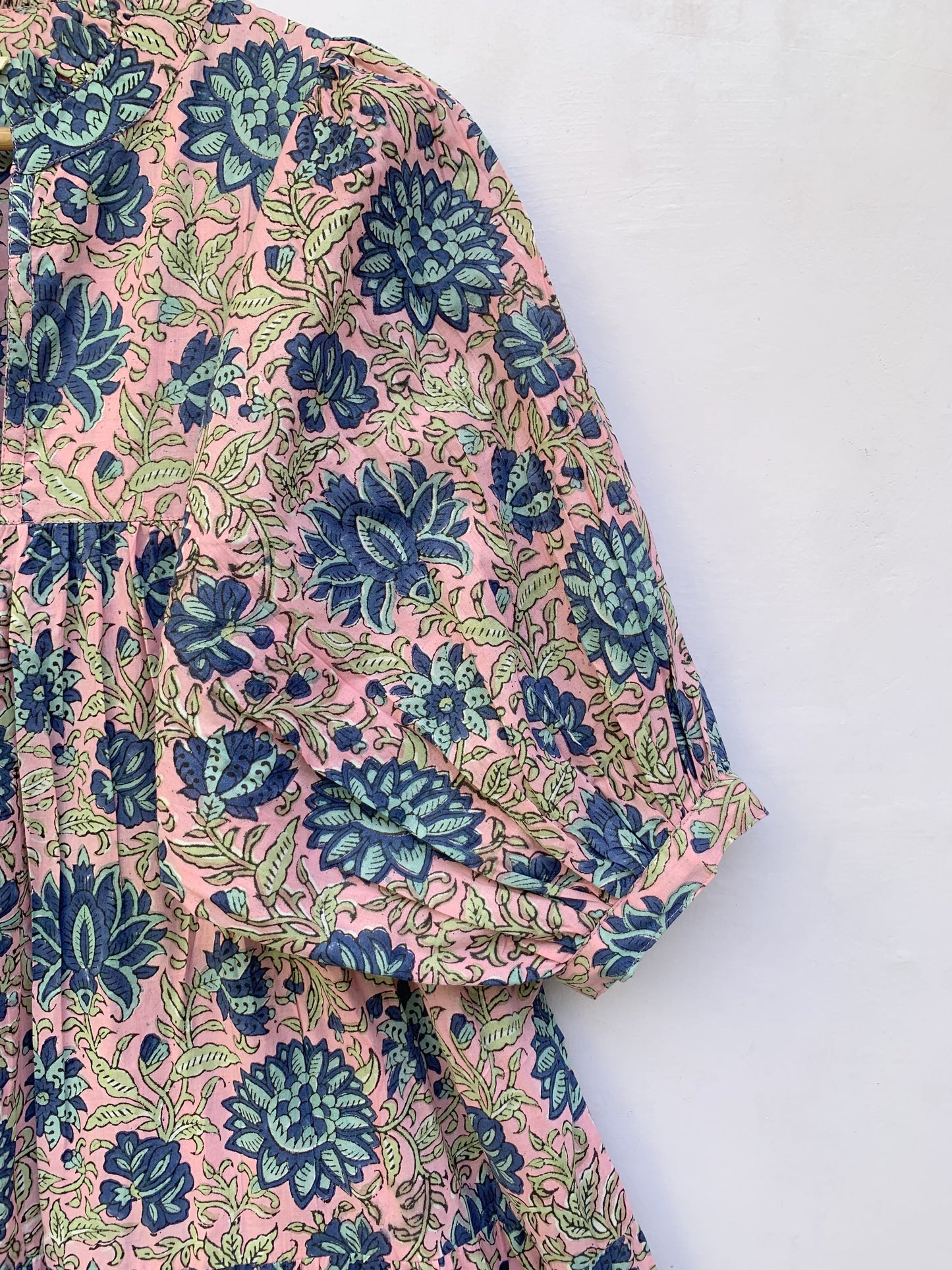 pink-blue floral block printed women's maxi dress - frill collar with belt cotton long dress - 3/4th sleeves boho dress