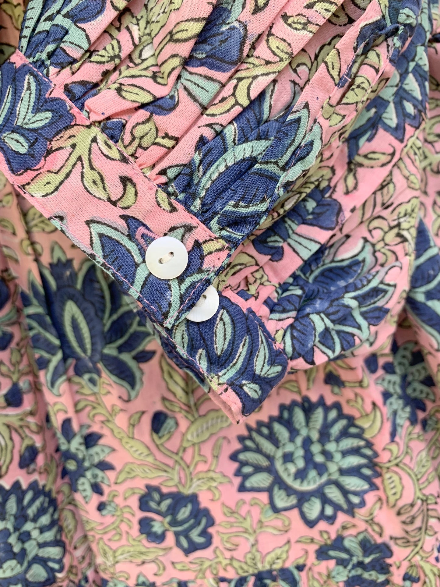pink-blue floral block printed women's maxi dress - frill collar with belt cotton long dress - 3/4th sleeves boho dress