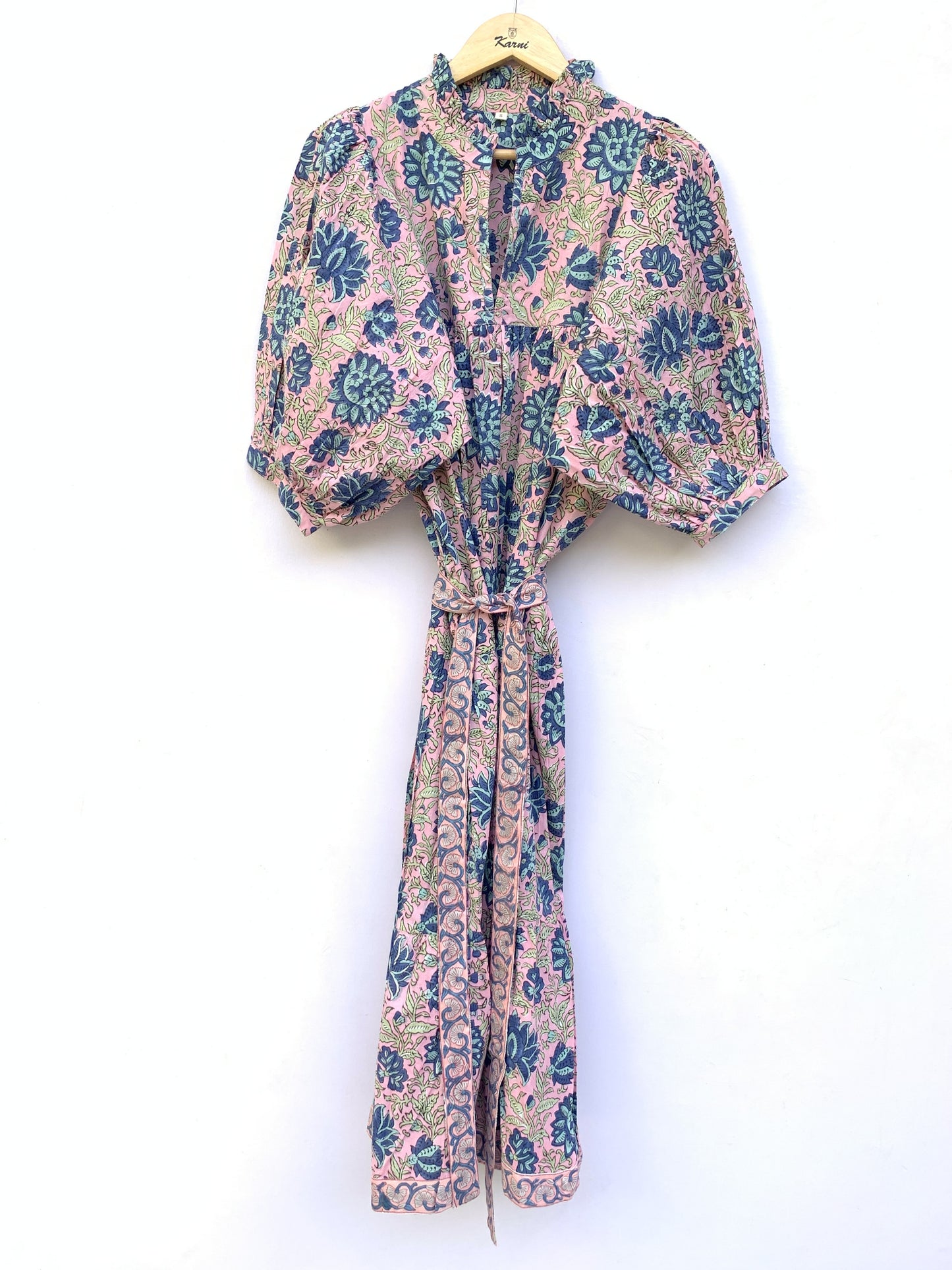pink-blue floral block printed women's maxi dress - frill collar with belt cotton long dress - 3/4th sleeves boho dress