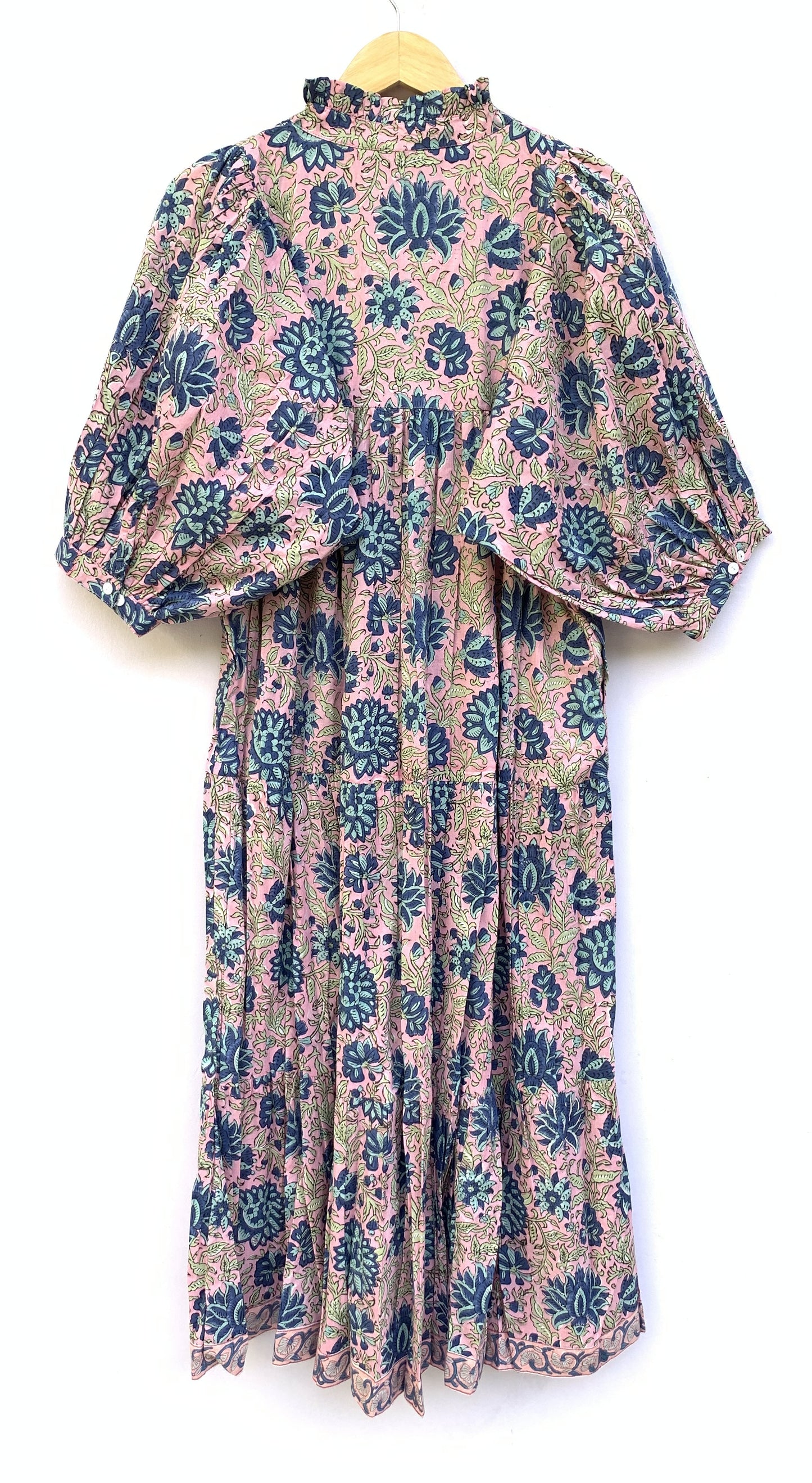pink-blue floral block printed women's maxi dress - frill collar with belt cotton long dress - 3/4th sleeves boho dress