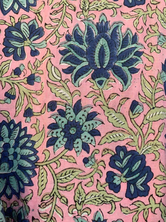 pink-blue floral block printed women's maxi dress - frill collar with belt cotton long dress - 3/4th sleeves boho dress