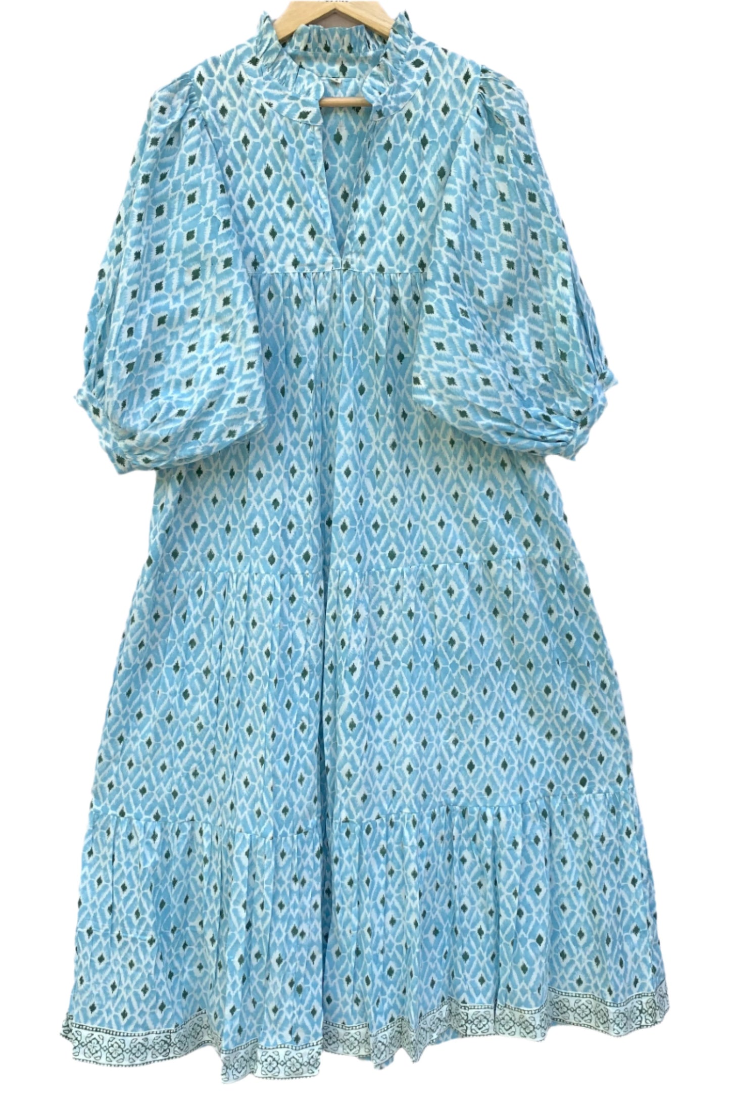 cotton blue geometrical pattern printed women's maxi dress - frill collar with belt long dress