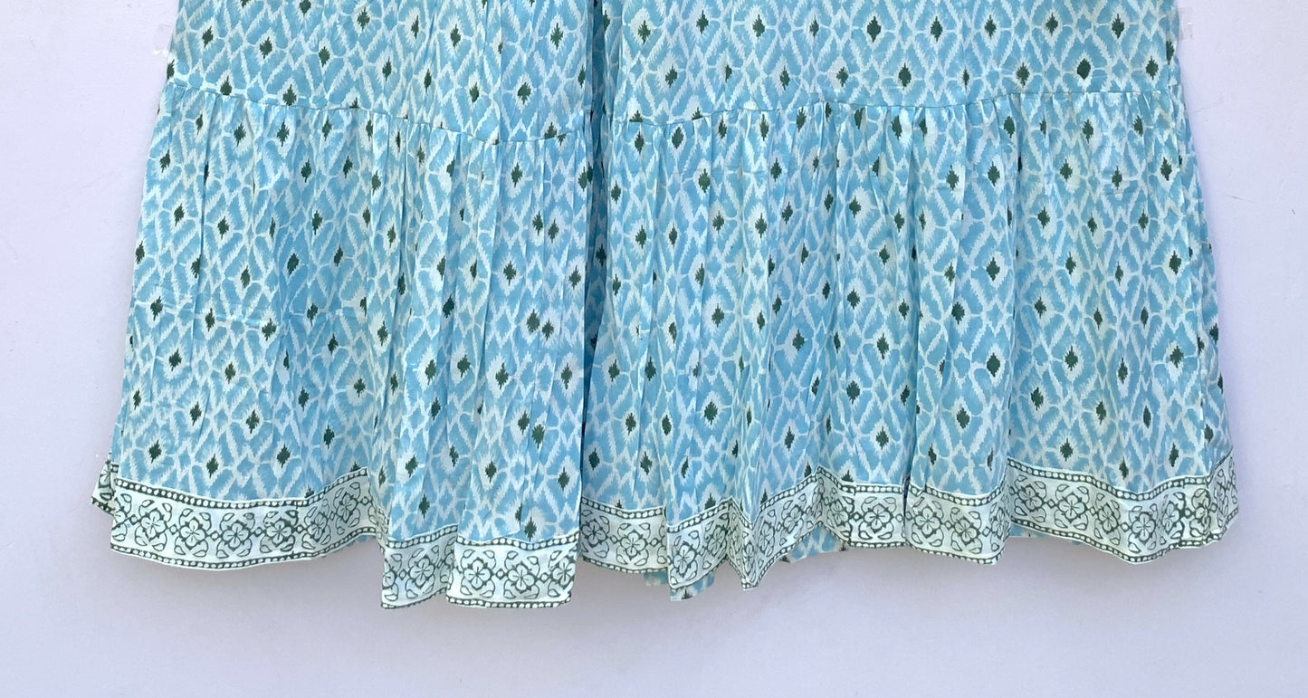 cotton blue geometrical pattern printed women's maxi dress - frill collar with belt long dress