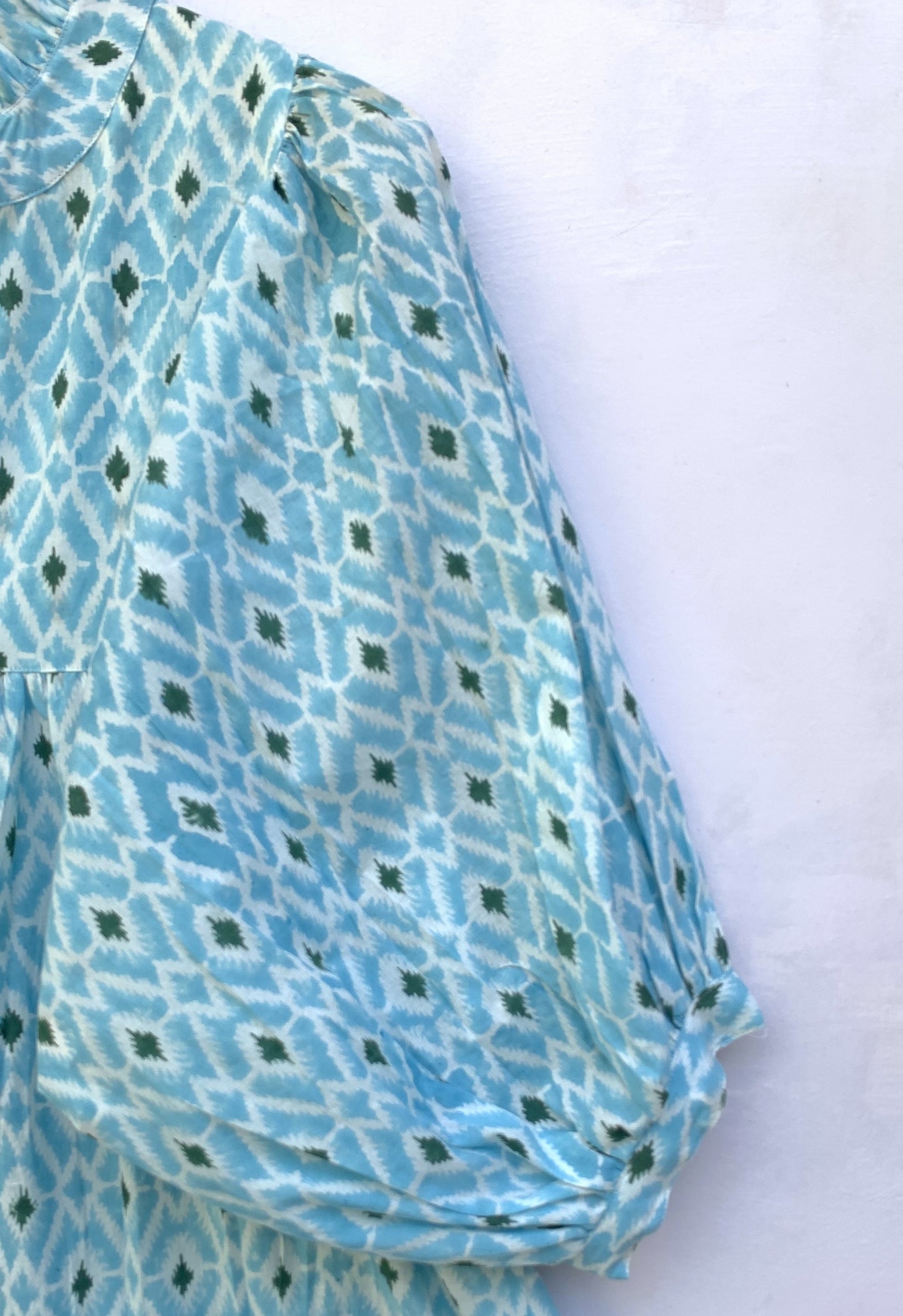 cotton blue geometrical pattern printed women's maxi dress - frill collar with belt long dress