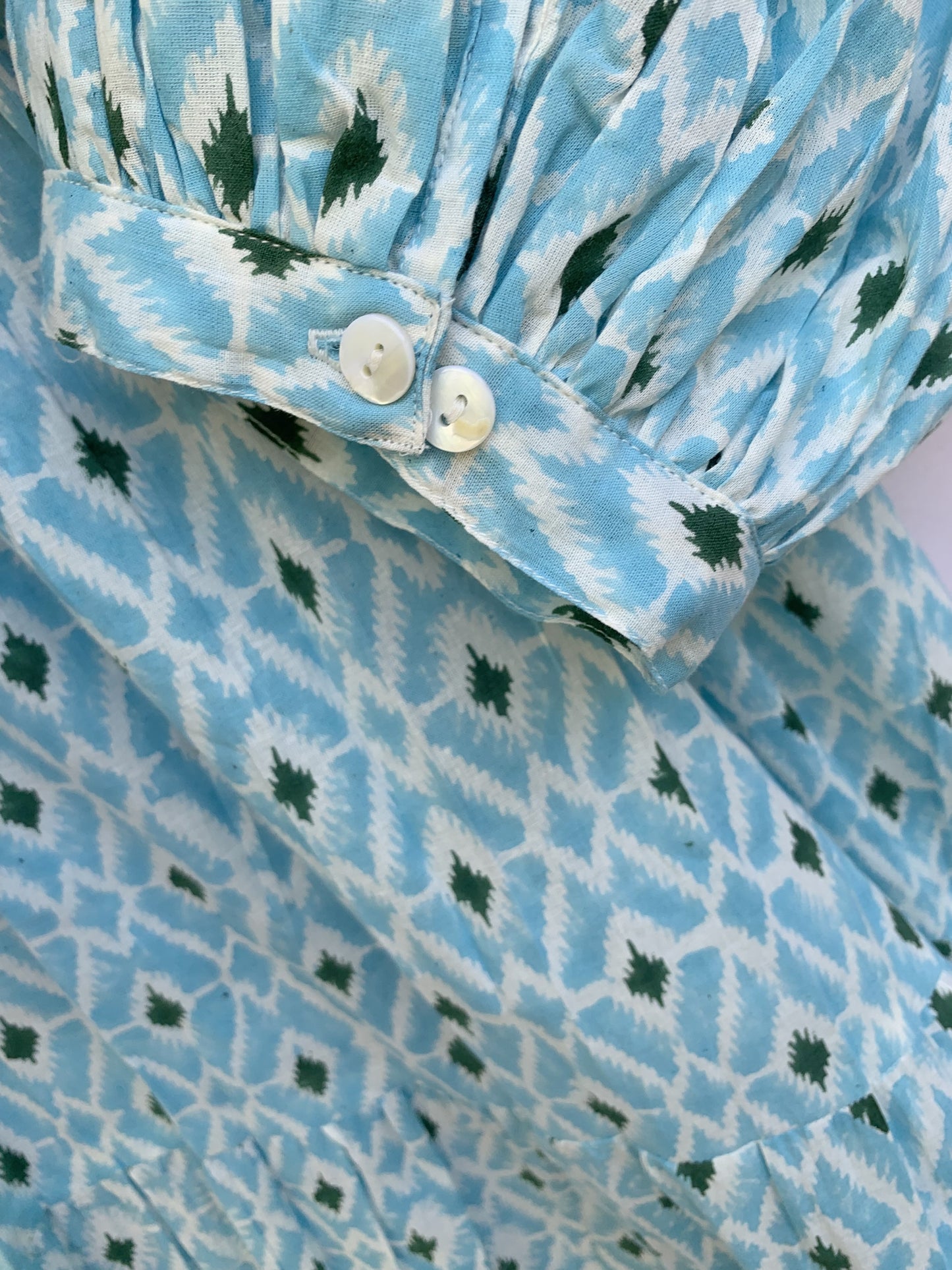 cotton blue geometrical pattern printed women's maxi dress - frill collar with belt long dress