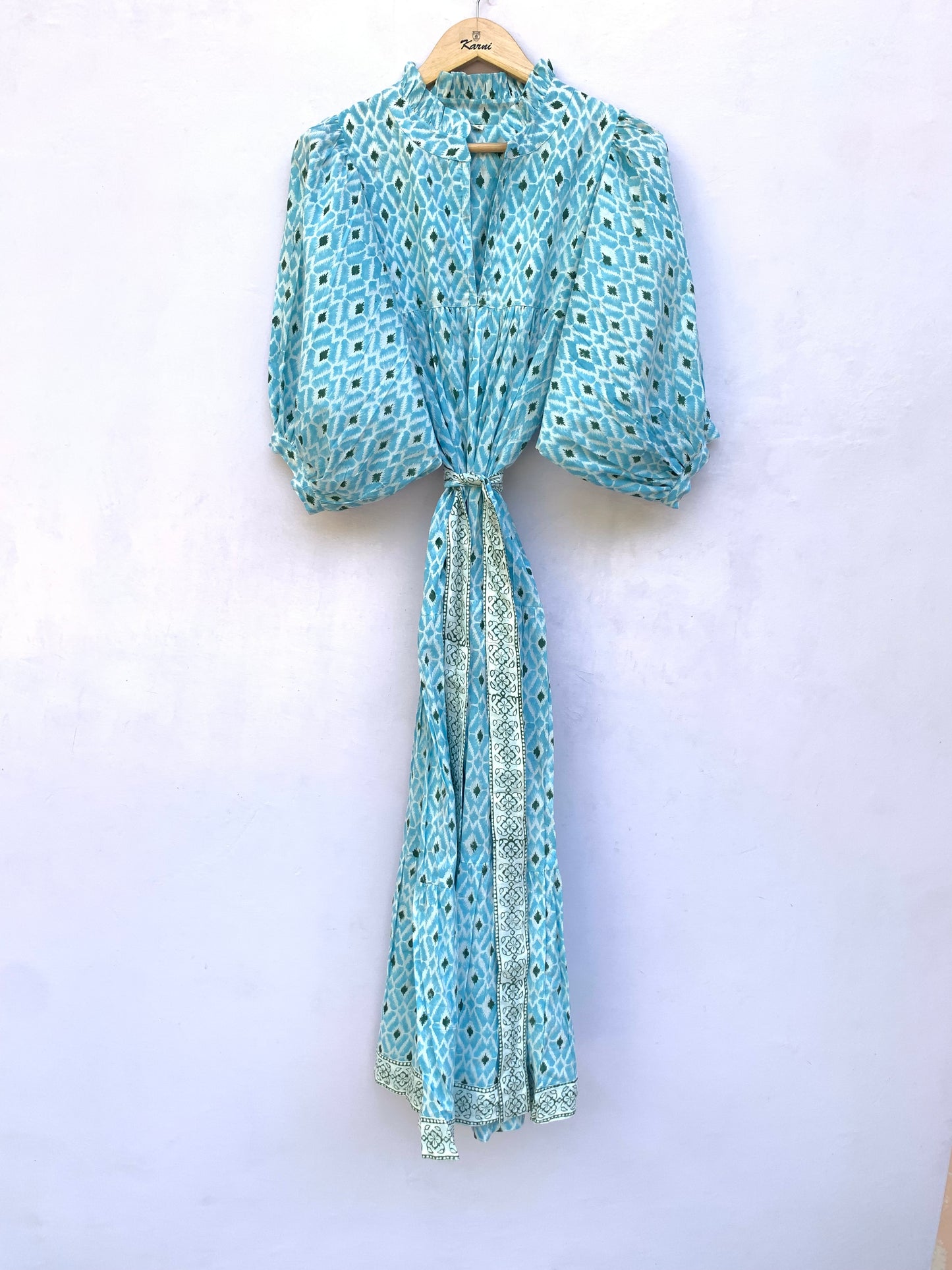 cotton blue geometrical pattern printed women's maxi dress - frill collar with belt long dress