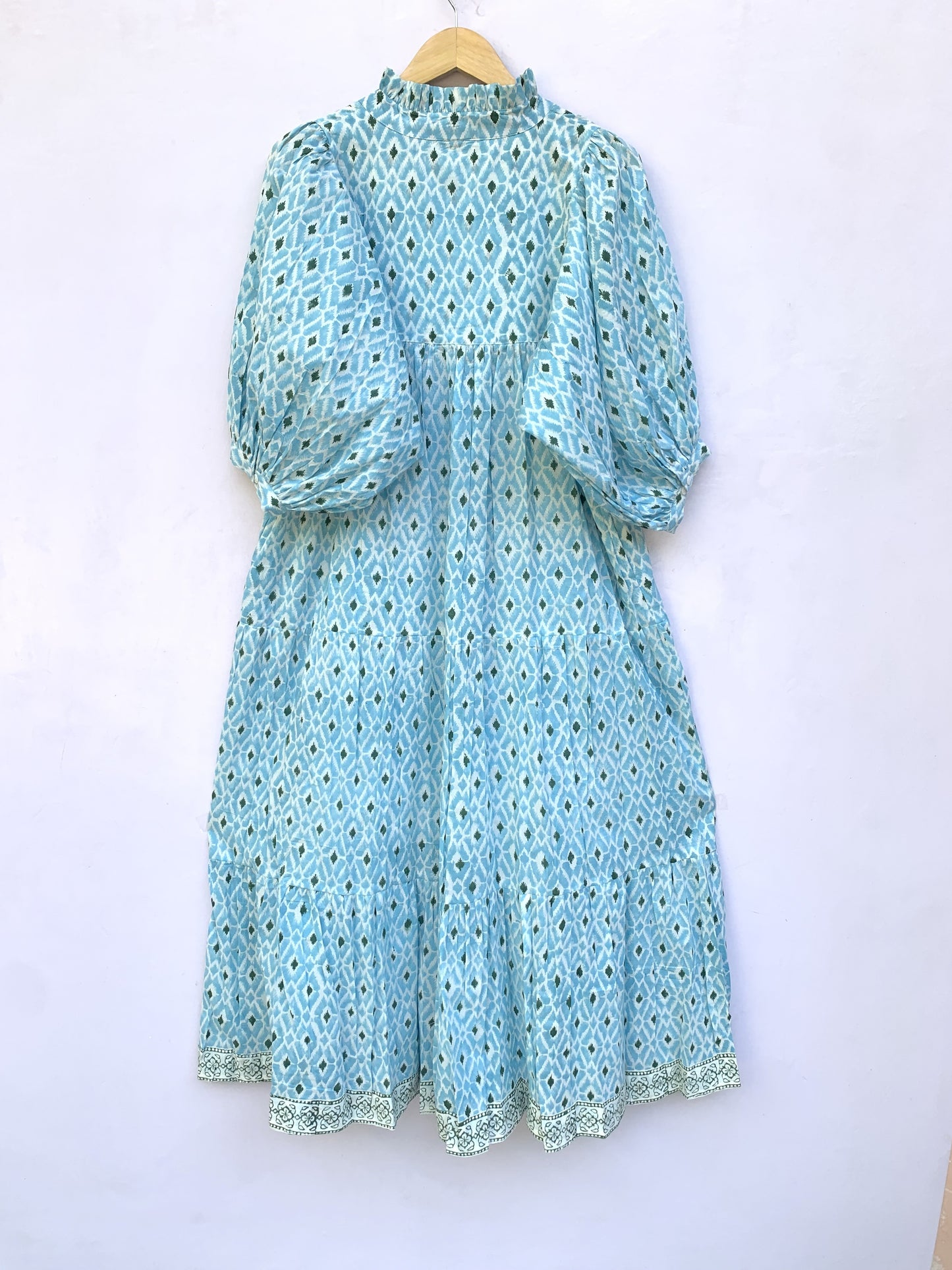 cotton blue geometrical pattern printed women's maxi dress - frill collar with belt long dress
