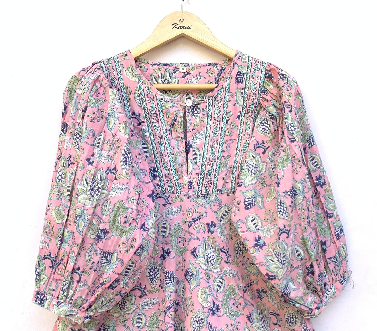 stylish pink-blue floral printed women's maxi dress - hanley neckline with buttons cotton dress