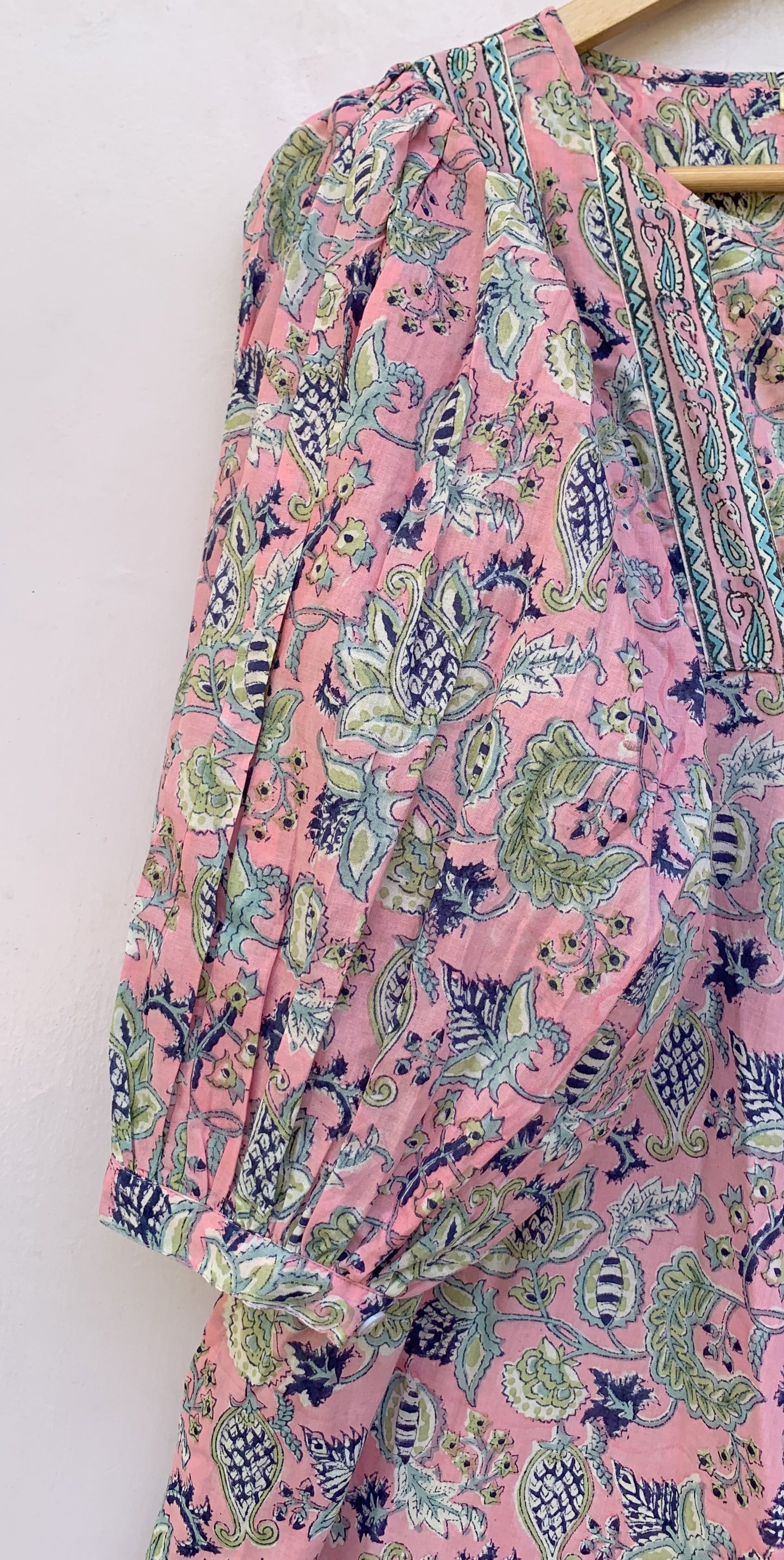 stylish pink-blue floral printed women's maxi dress - hanley neckline with buttons cotton dress