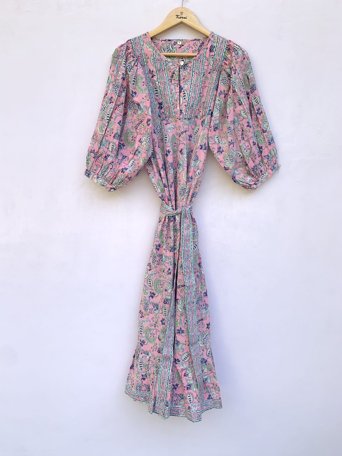stylish pink-blue floral printed women's maxi dress - hanley neckline with buttons cotton dress