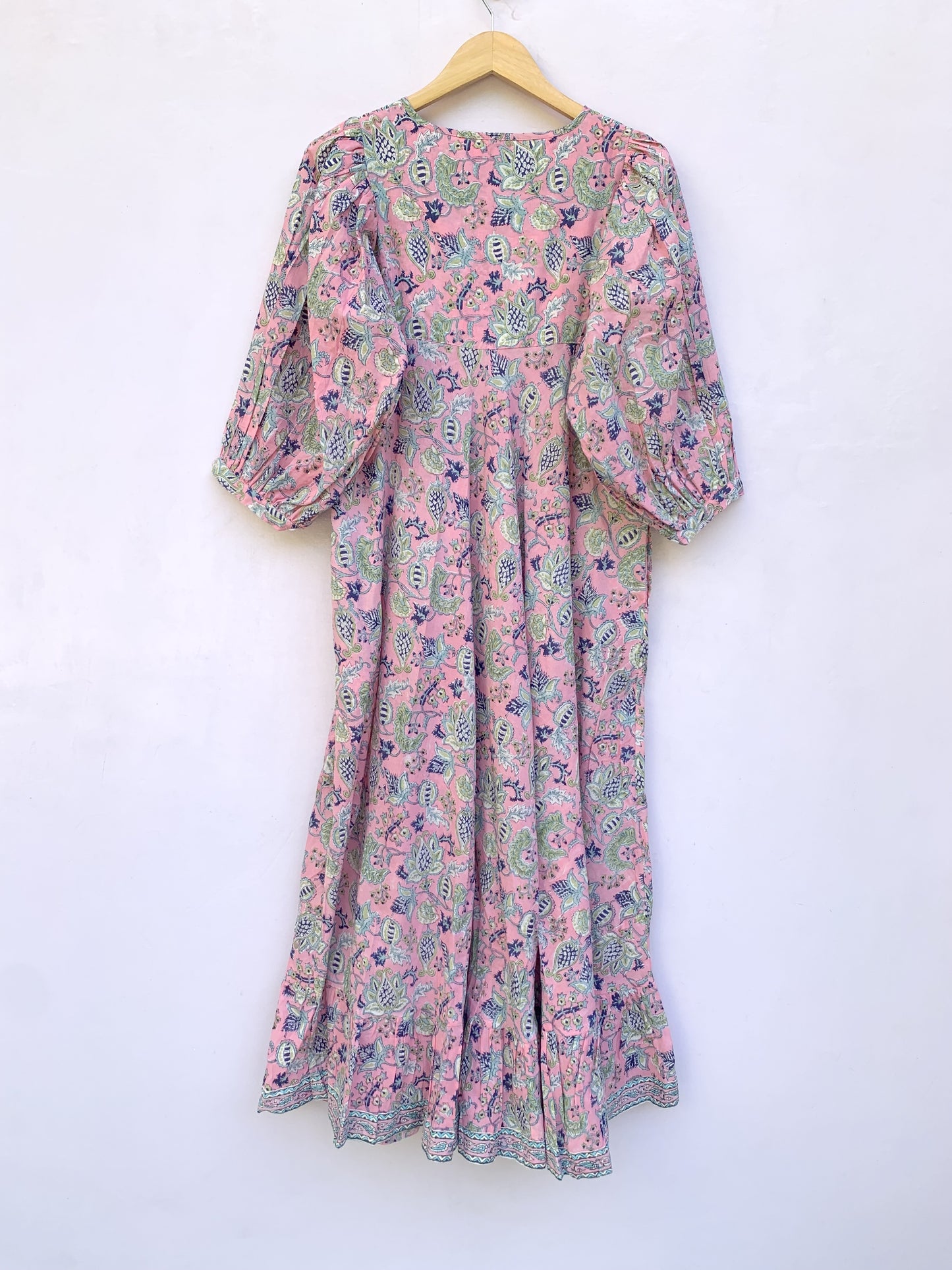 stylish pink-blue floral printed women's maxi dress - hanley neckline with buttons cotton dress