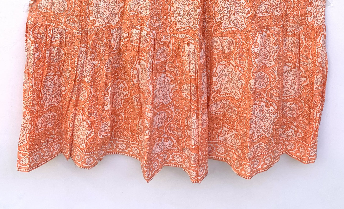 indian cotton orange floral block printed women's maxi dress - V neckline with belt boho dress