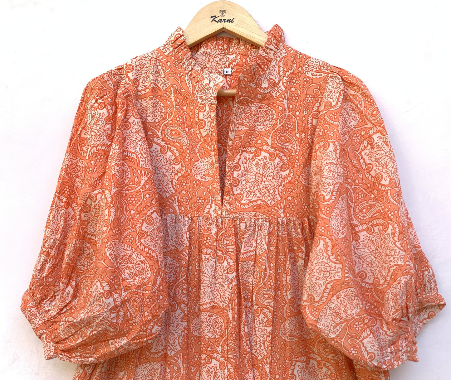 indian cotton orange floral block printed women's maxi dress - V neckline with belt boho dress