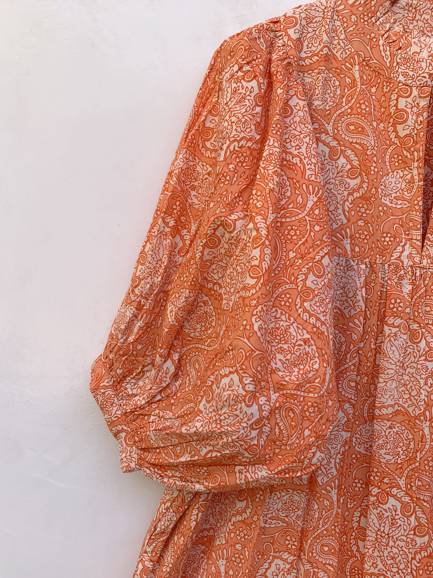 indian cotton orange floral block printed women's maxi dress - V neckline with belt boho dress