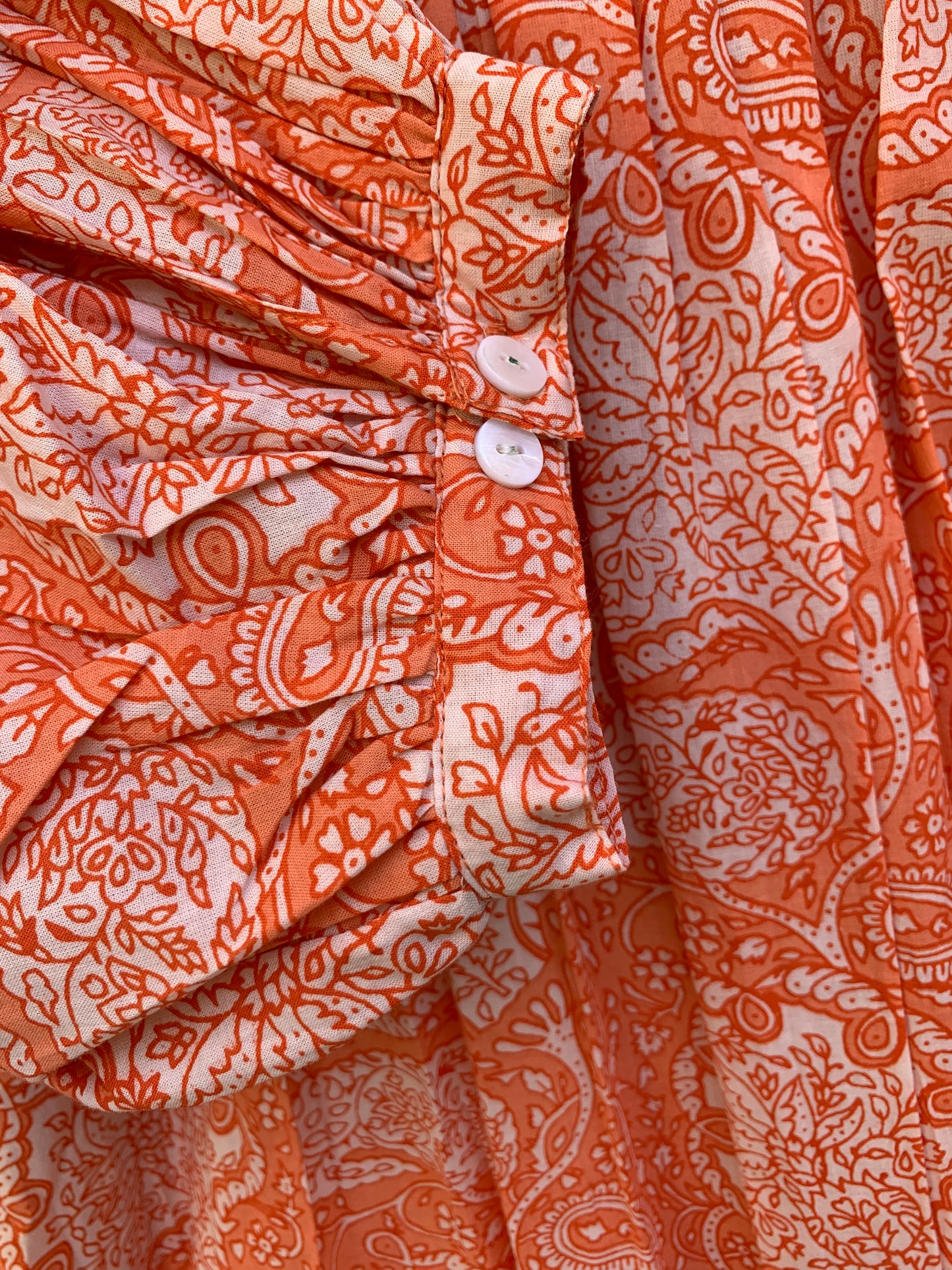 indian cotton orange floral block printed women's maxi dress - V neckline with belt boho dress