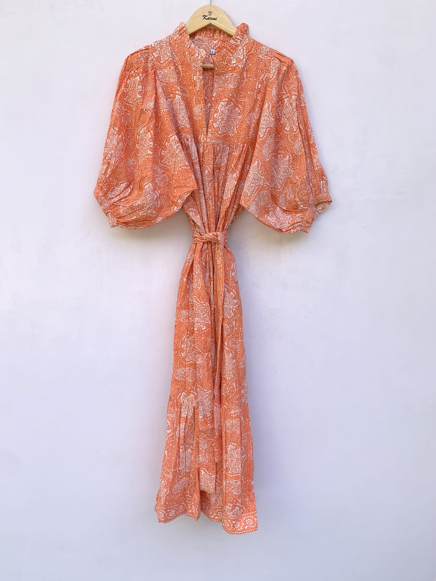 indian cotton orange floral block printed women's maxi dress - V neckline with belt boho dress