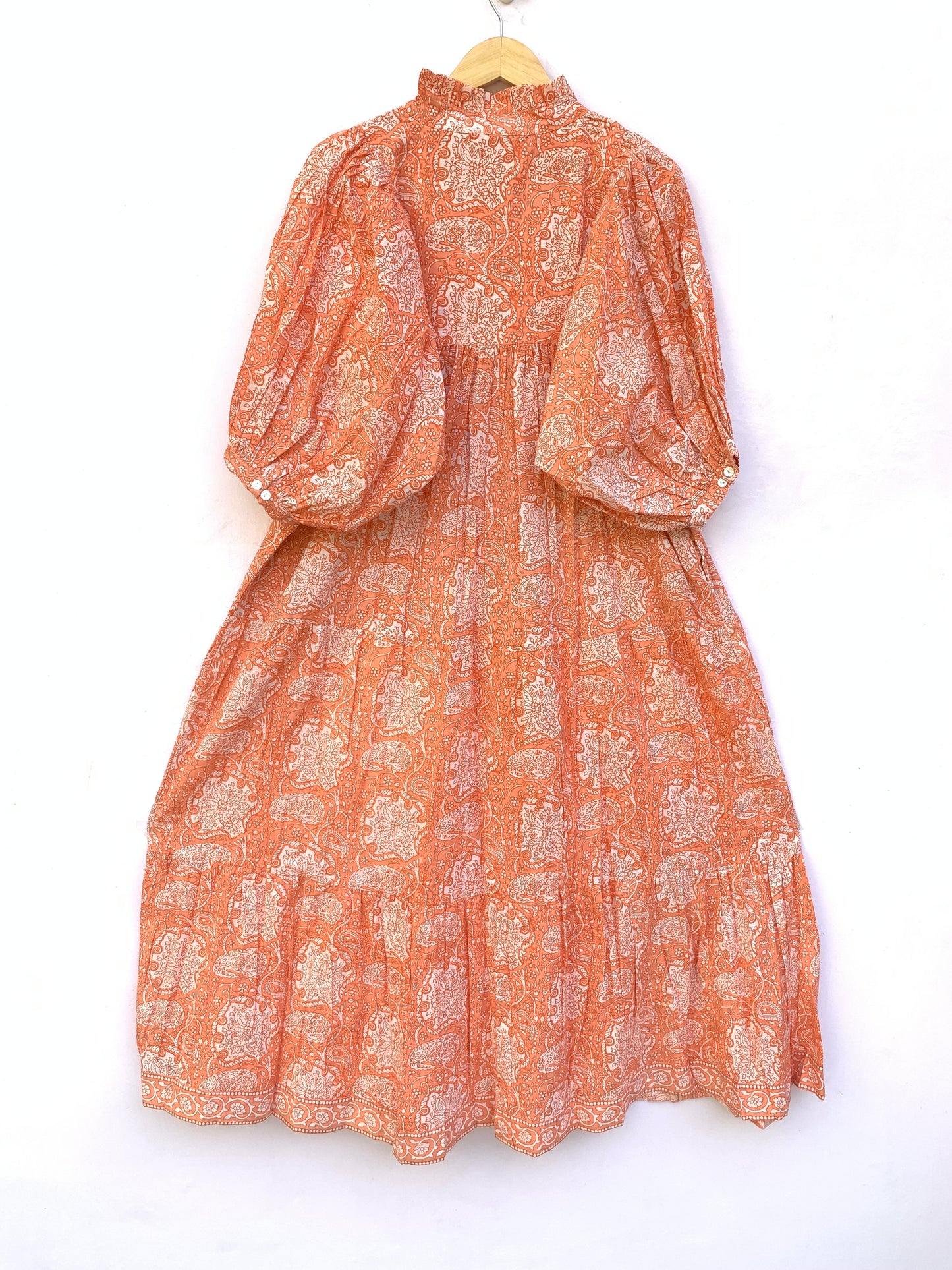 indian cotton orange floral block printed women's maxi dress - V neckline with belt boho dress