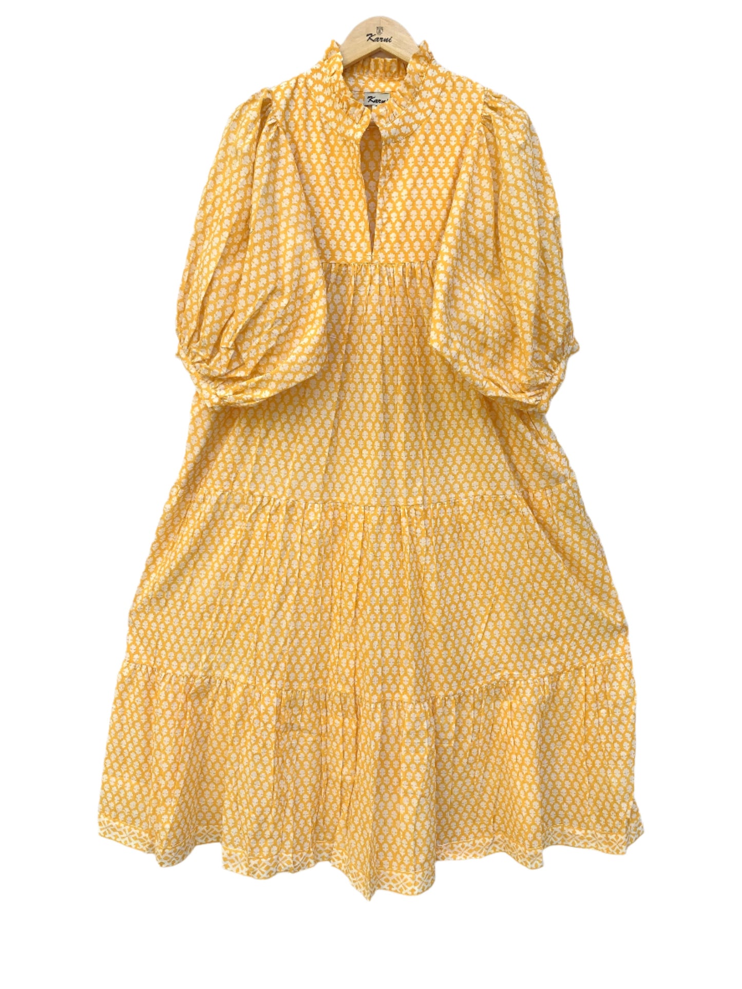 cotton yellow floral block printed women's maxi dress - frill collar wit belt boho dress