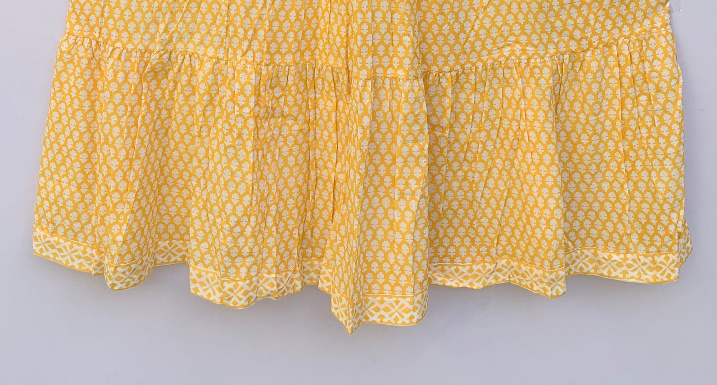 cotton yellow floral block printed women's maxi dress - frill collar wit belt boho dress
