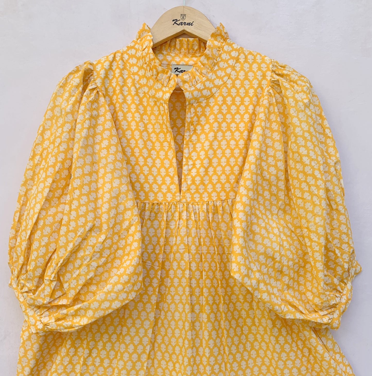 cotton yellow floral block printed women's maxi dress - frill collar wit belt boho dress