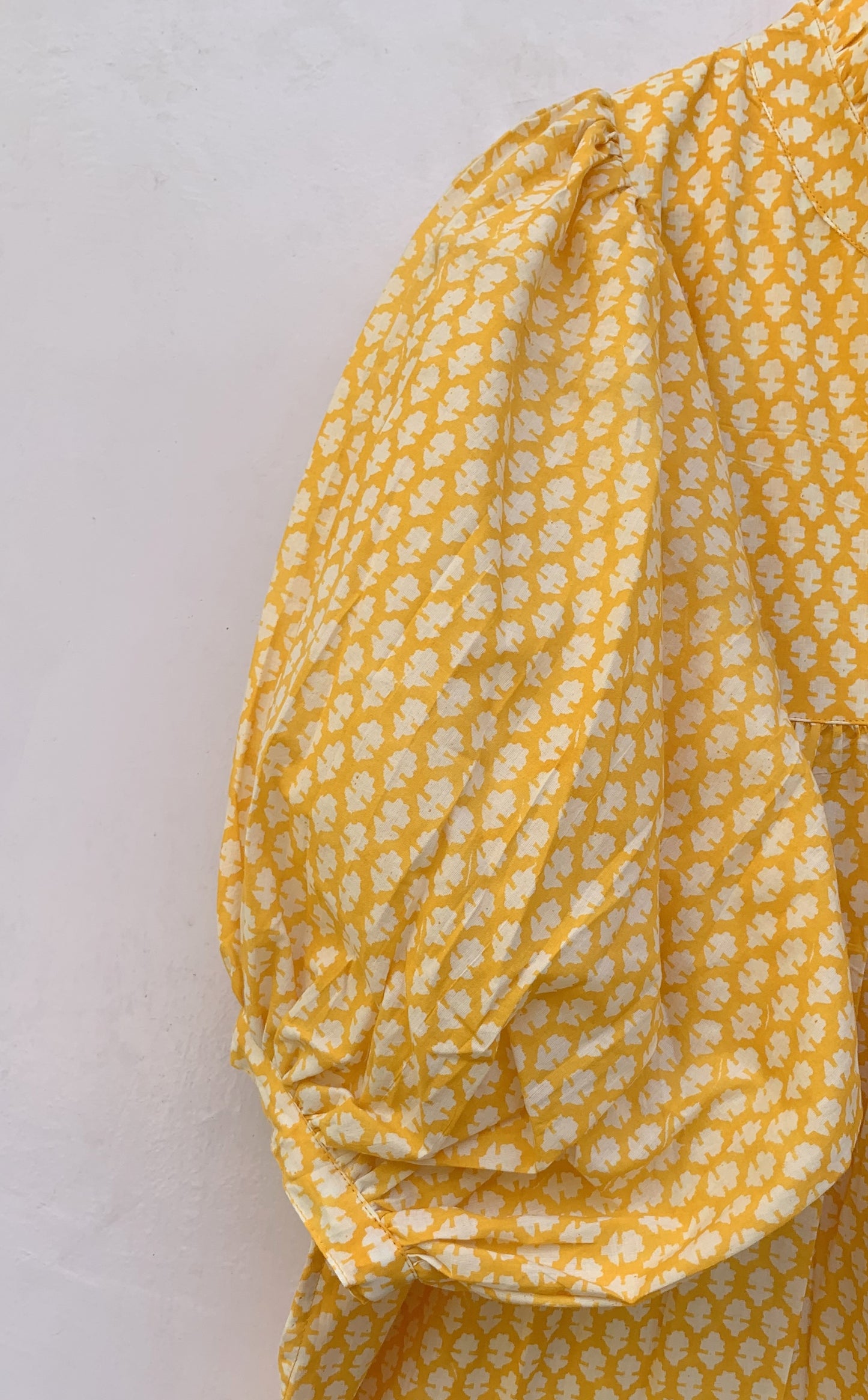 cotton yellow floral block printed women's maxi dress - frill collar wit belt boho dress