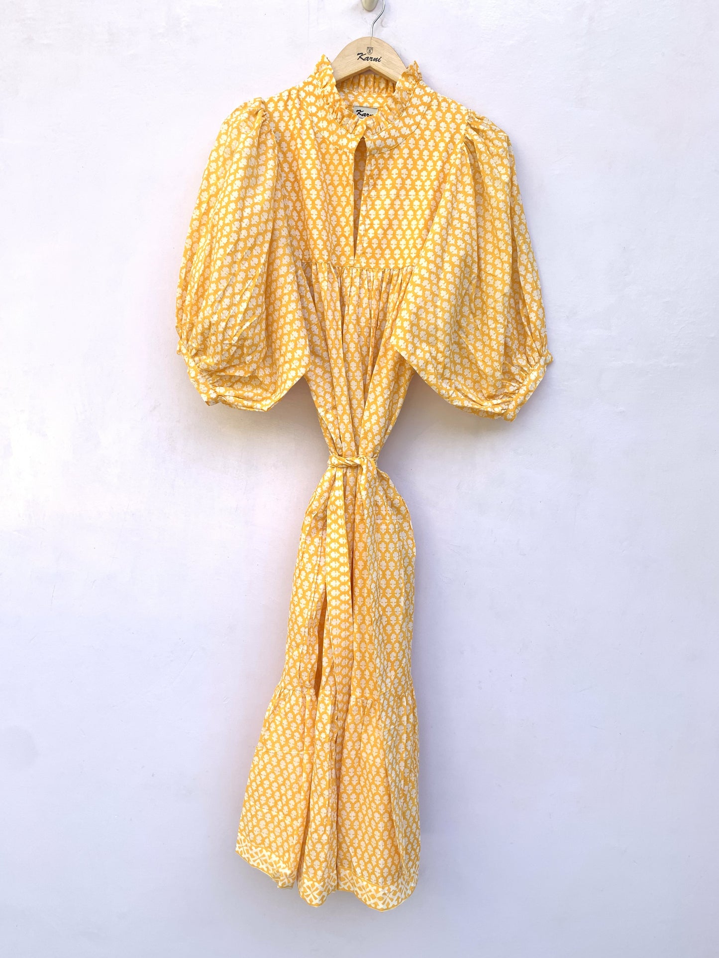 cotton yellow floral block printed women's maxi dress - frill collar wit belt boho dress