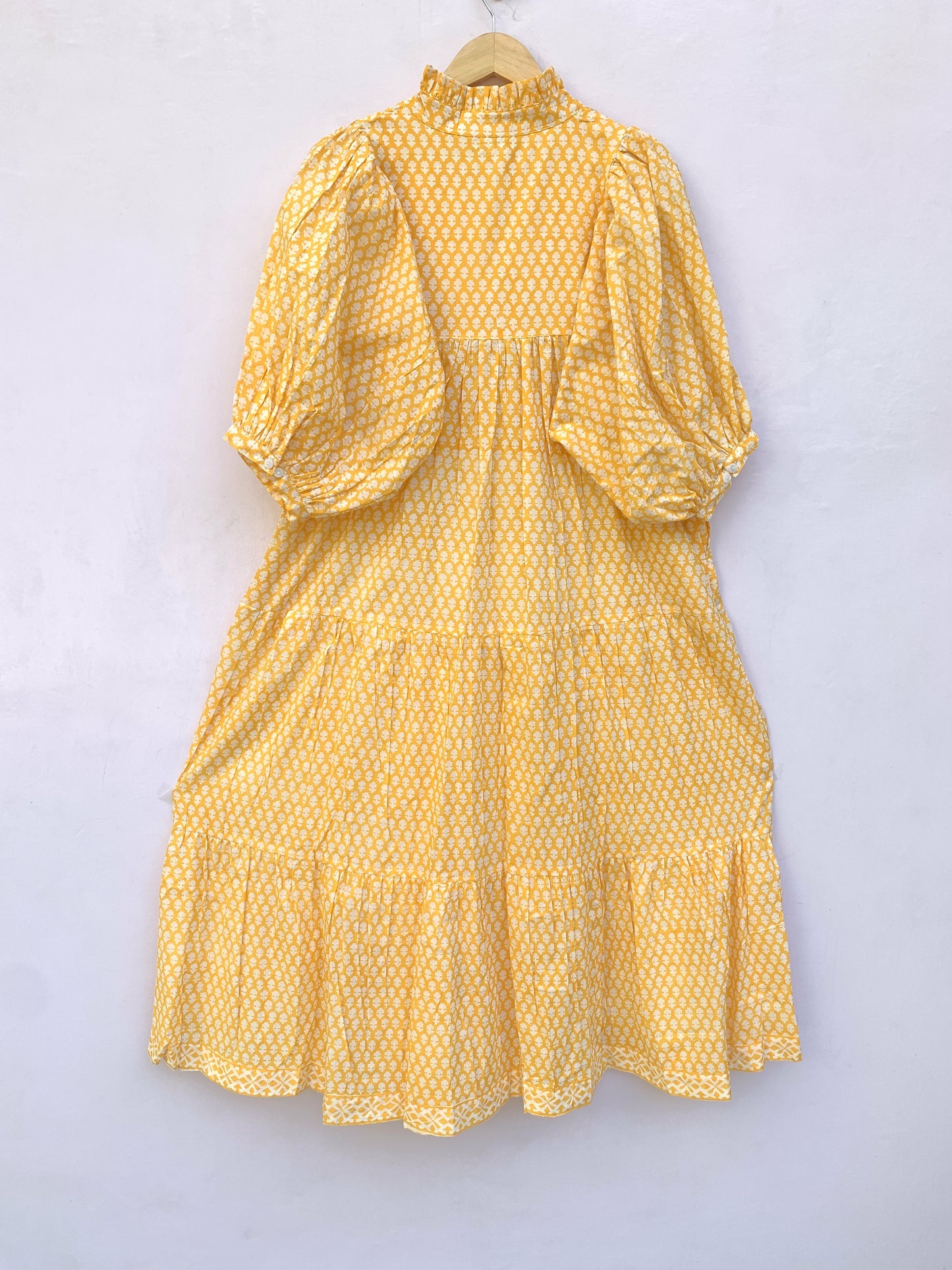 cotton yellow floral block printed women's maxi dress - frill collar wit belt boho dress