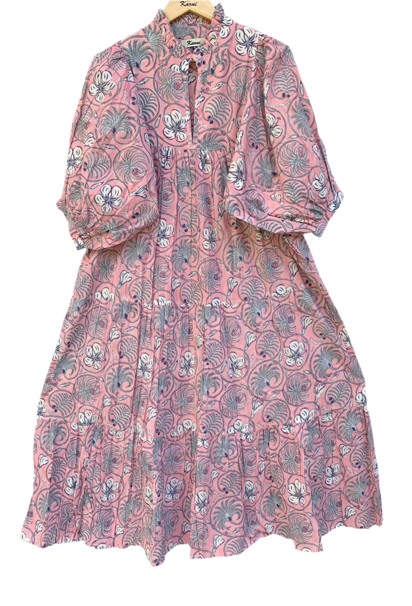 bohemian pink-blue floral printed women's maxi dress - V neckline with belt long dress