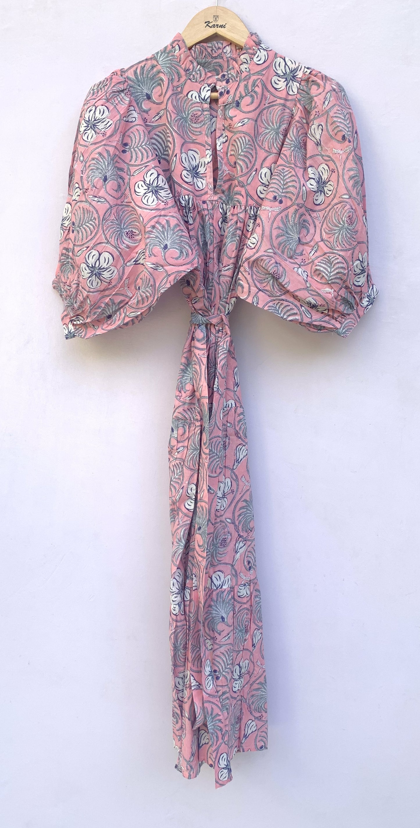 bohemian pink-blue floral printed women's maxi dress - V neckline with belt long dress
