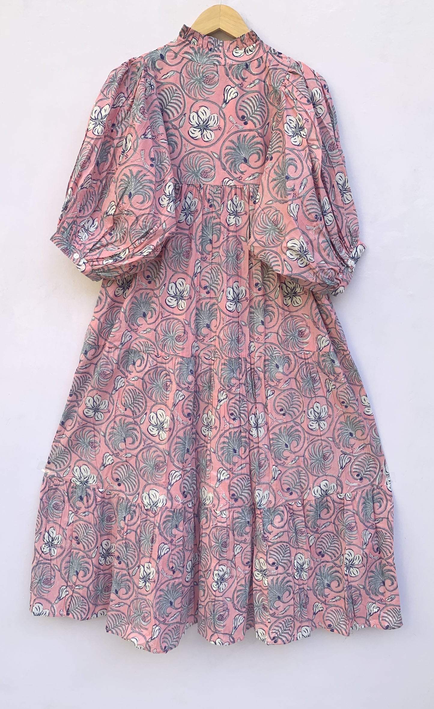 bohemian pink-blue floral printed women's maxi dress - V neckline with belt long dress