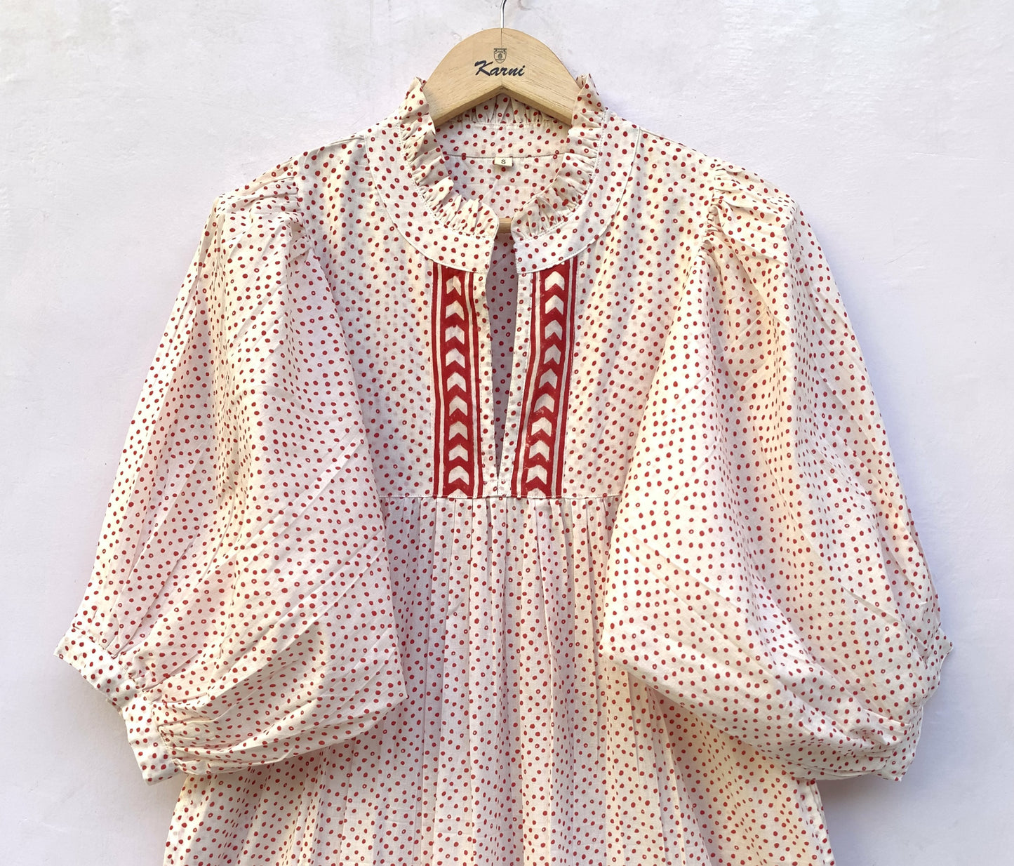 red doted block printed women's cotton maxi dress