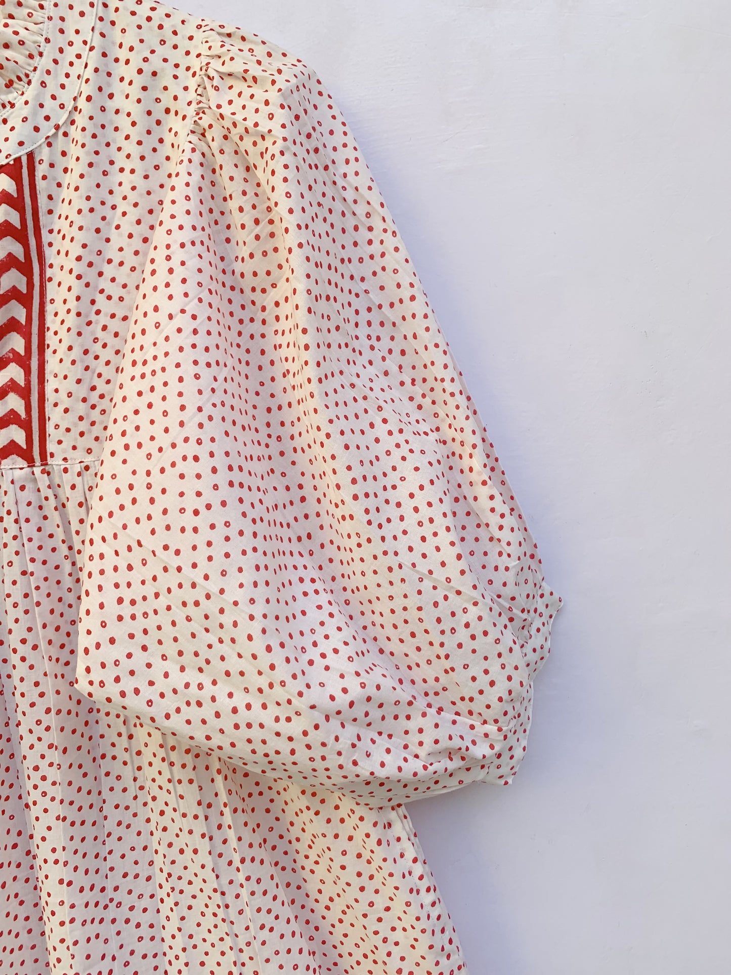 red doted block printed women's cotton maxi dress