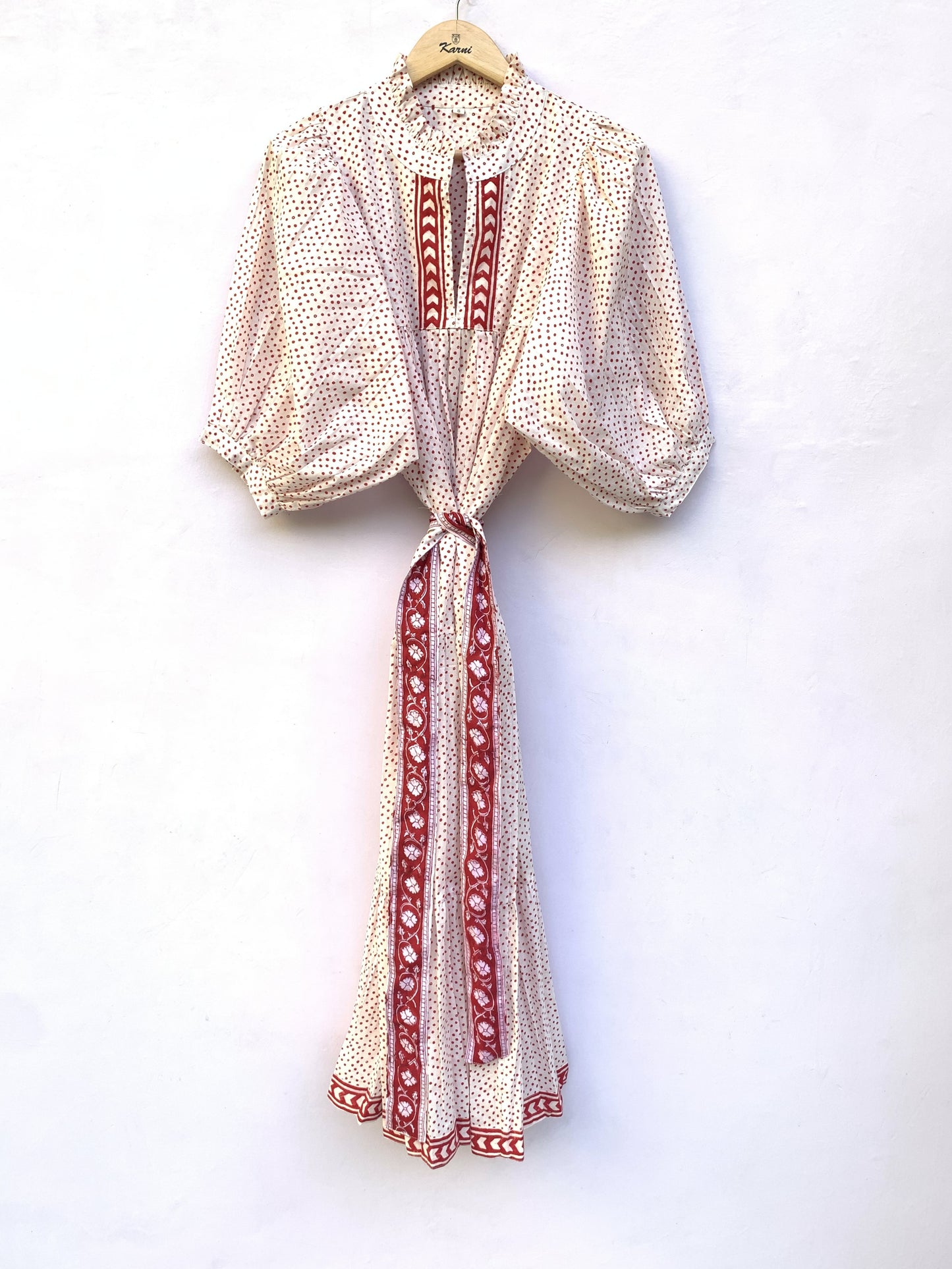 red doted block printed women's cotton maxi dress