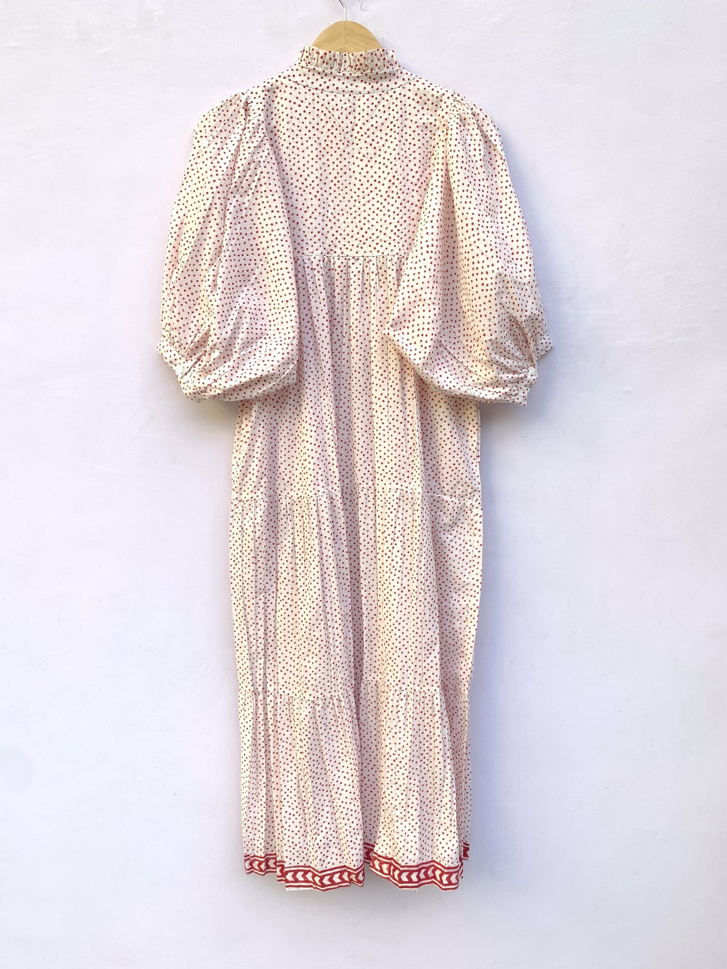 red doted block printed women's cotton maxi dress