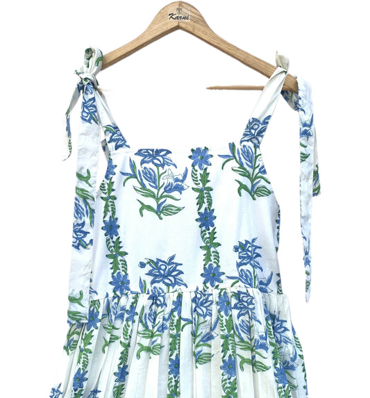 Blue Floral Hand Block Printed Cotton Midi Dress – Tie Strap Boho Summer Dress