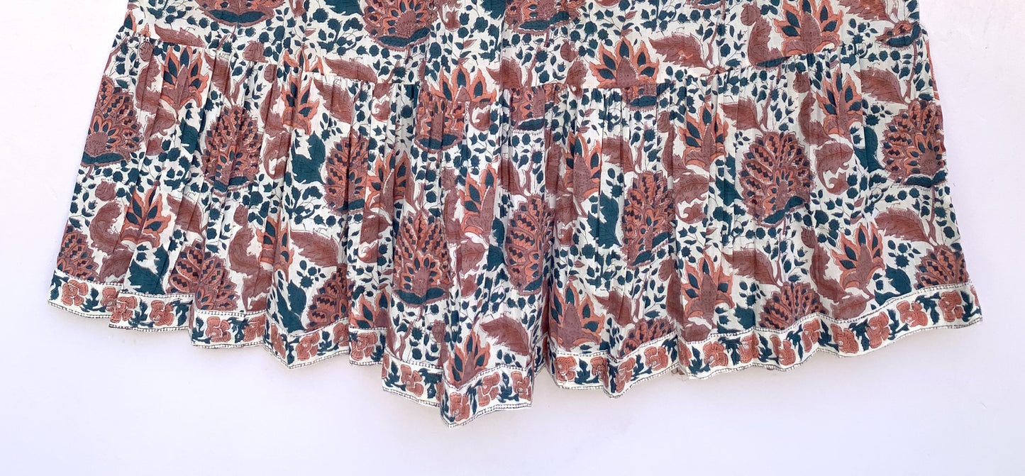 blue-green floral block printed women's summer long dress